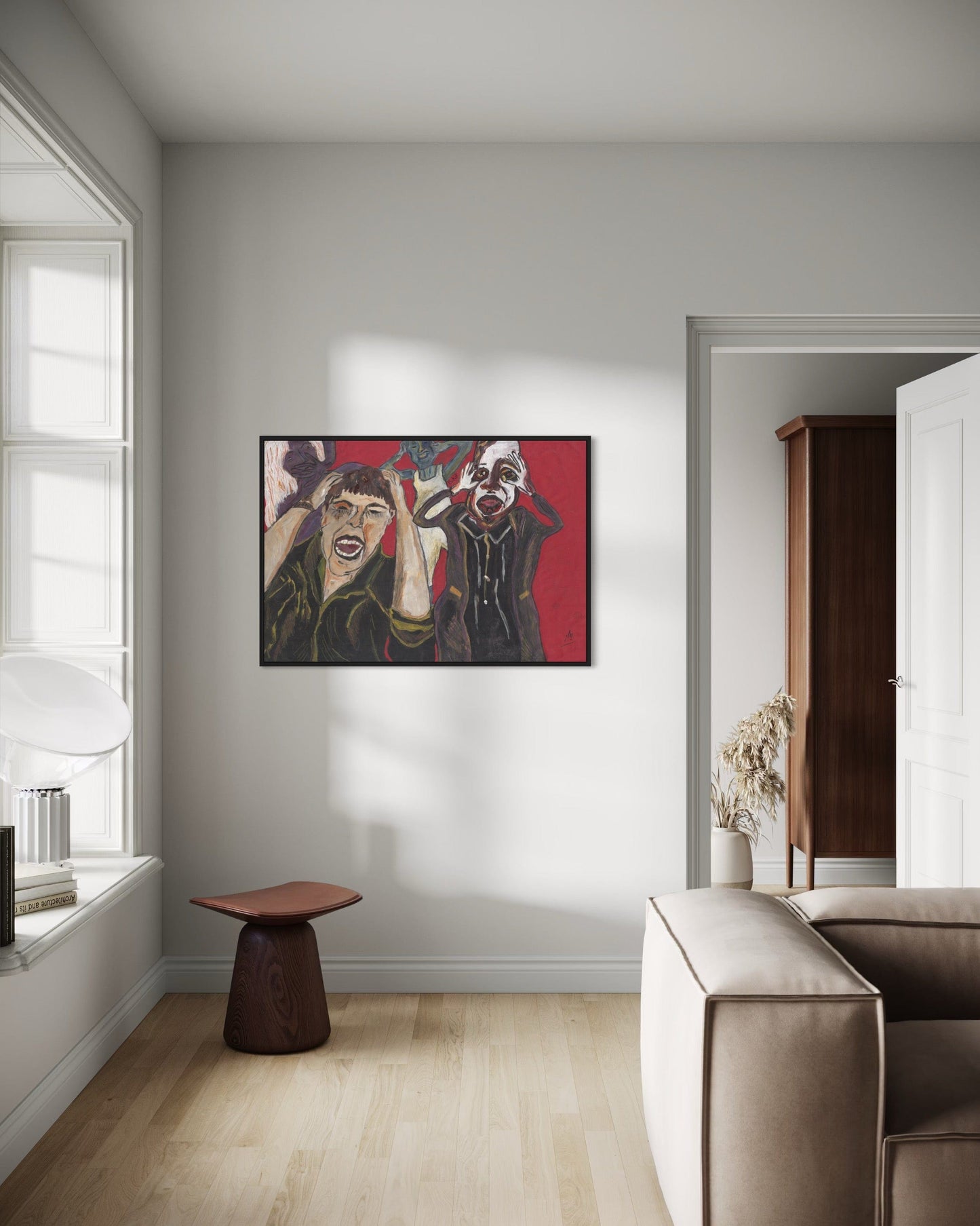Modern living room with a colorful abstract painting on the wall.