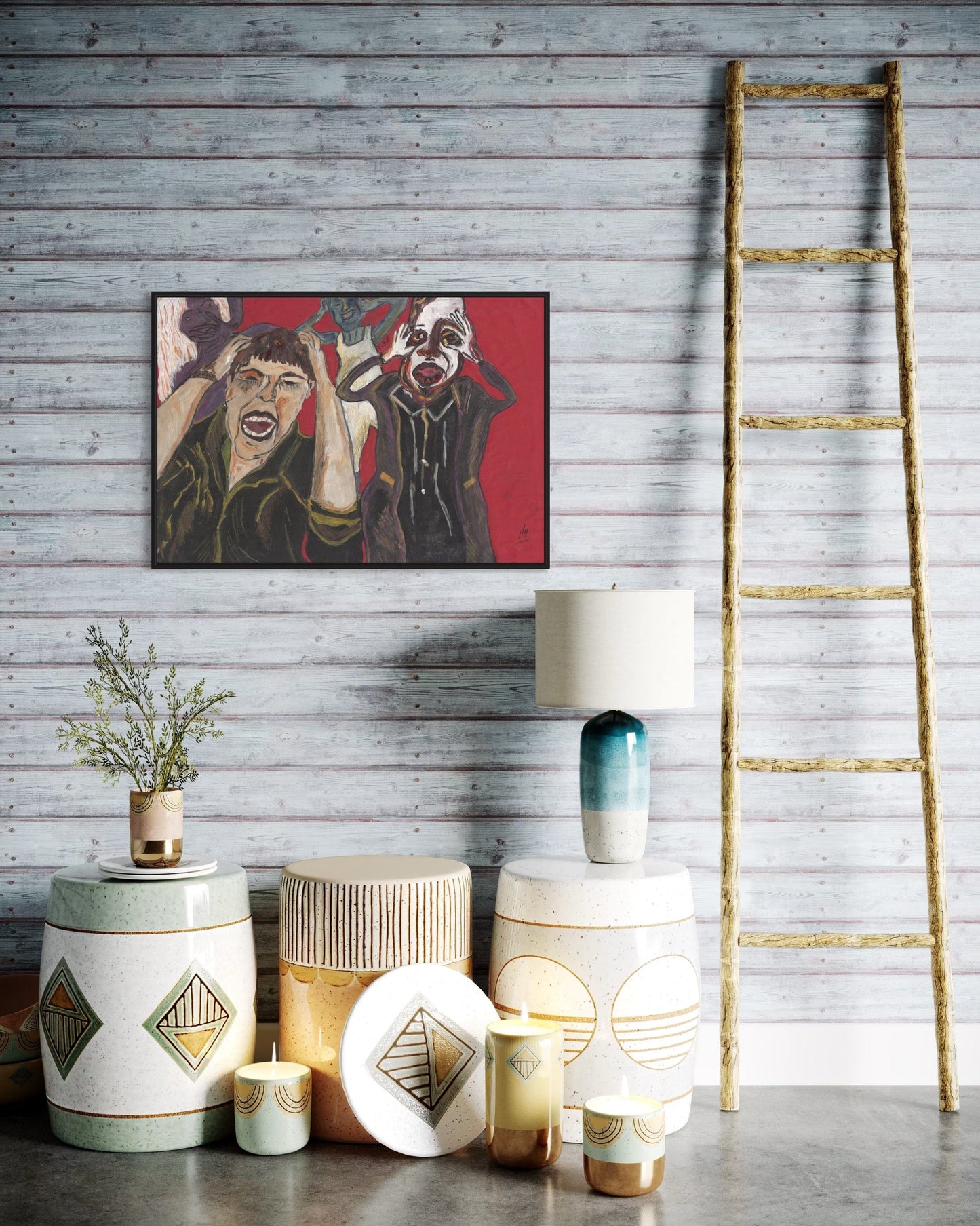 Decorative items including vases, a lamp, and a ladder against a wooden wall with a painting.