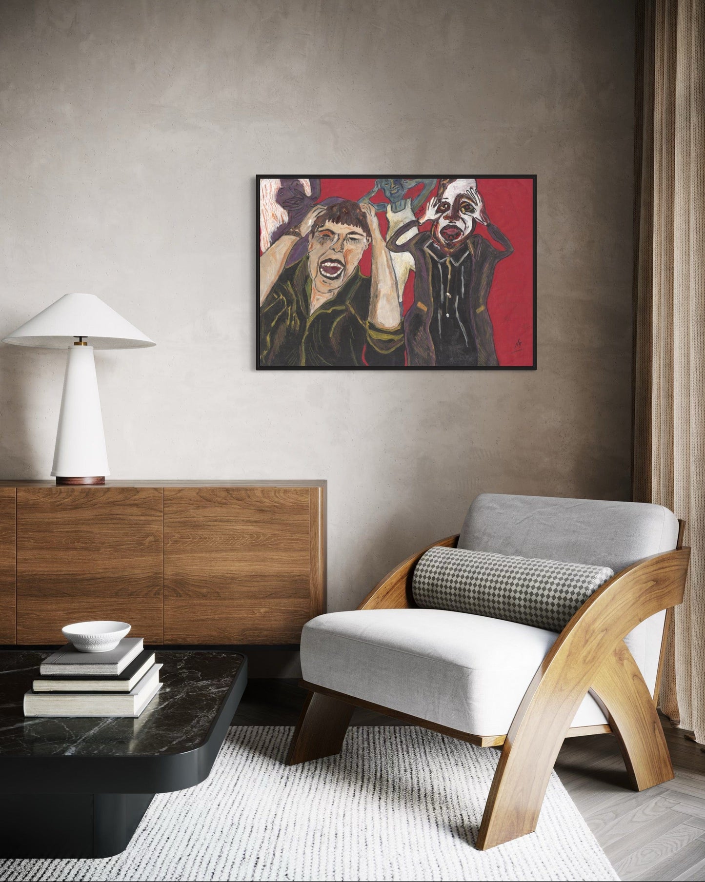 Modern living room with a wooden sideboard, gray armchair, and abstract painting on the wall.