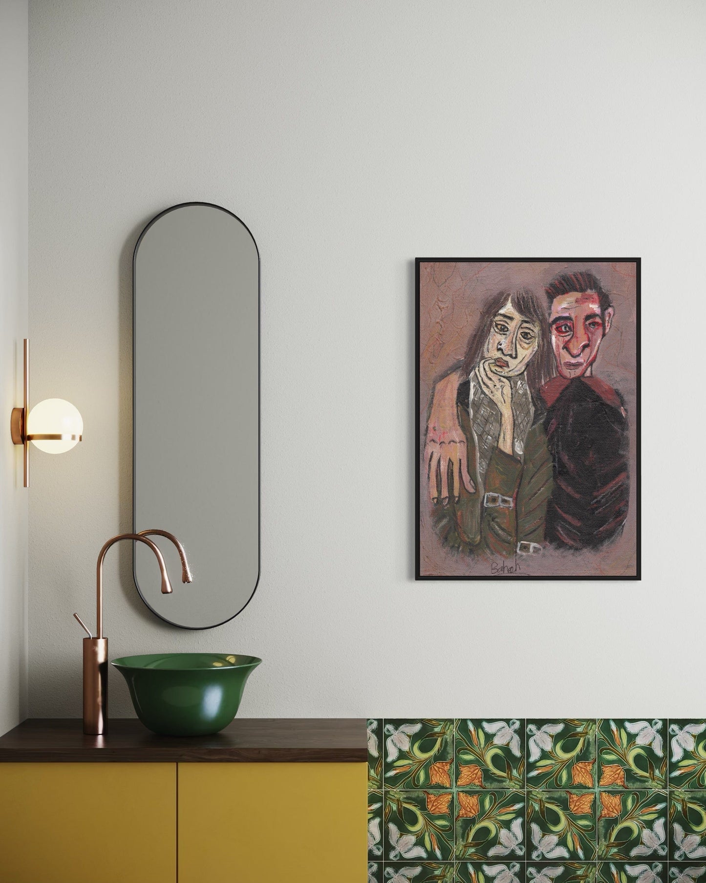 Bathroom interior with a mirror, sink, and wall art on a light gray wall.