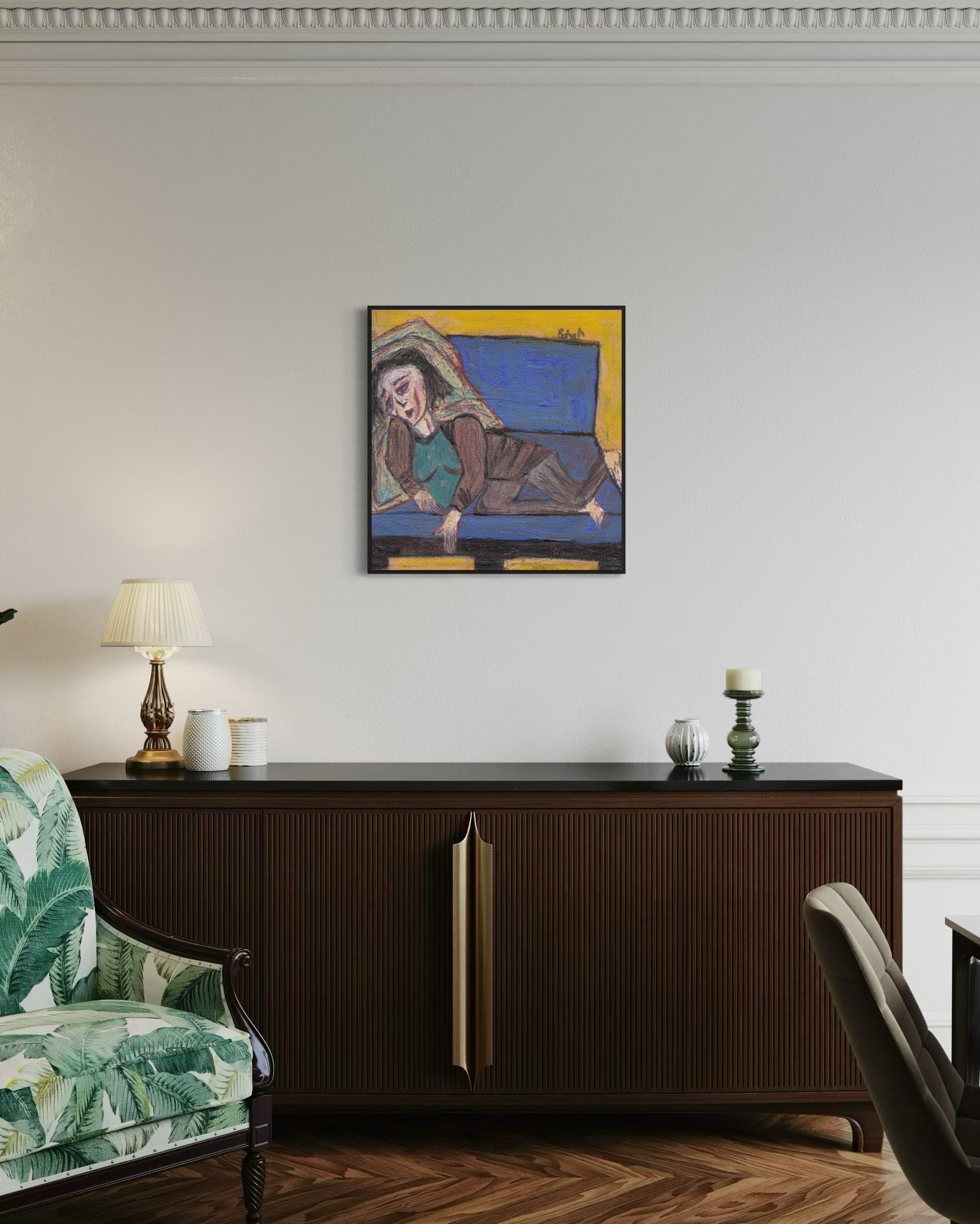 Living room with a dark wooden sideboard, floral armchair, and abstract painting on the wall.