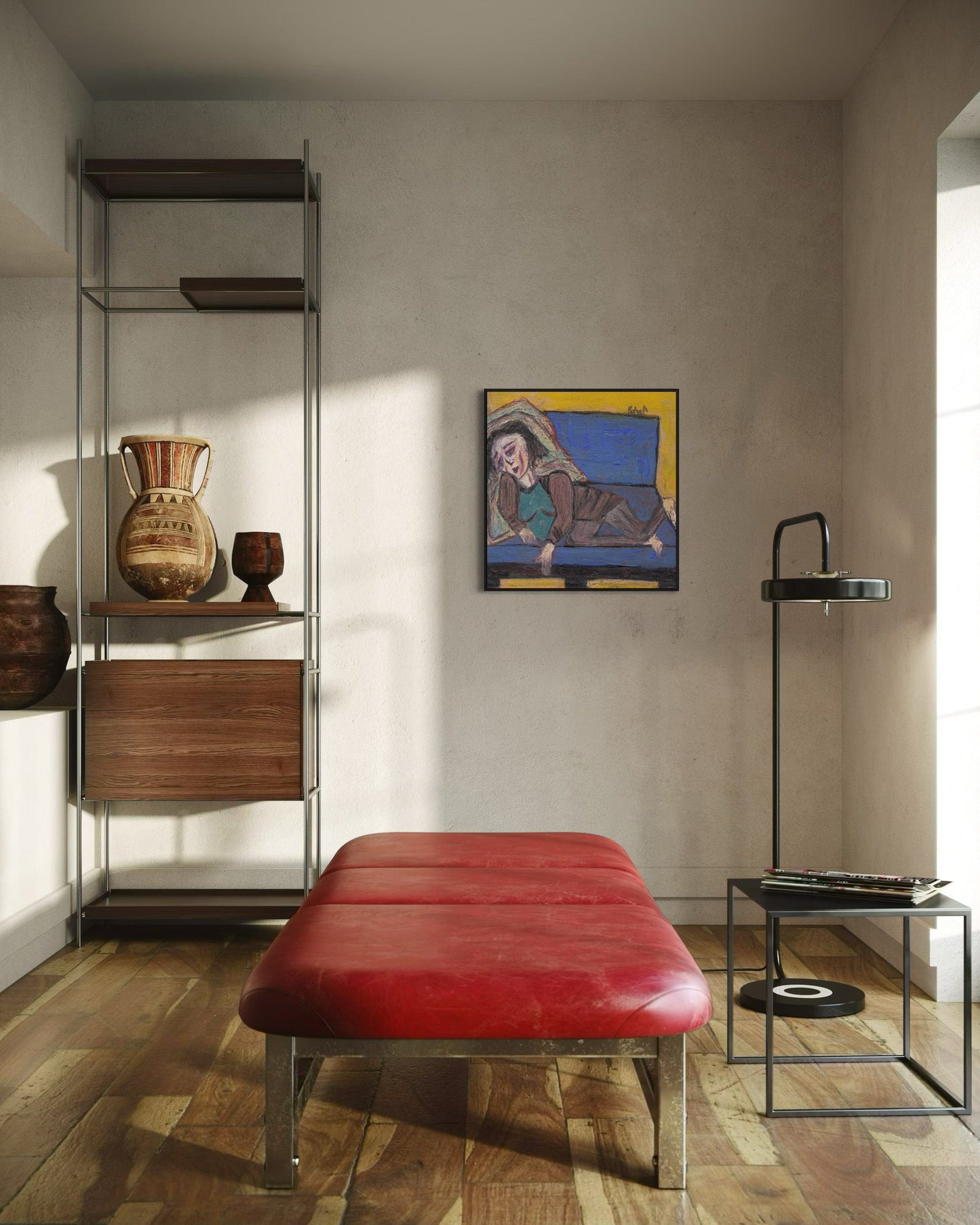 Modern interior with a red bench, wooden shelf, and abstract painting on a wall.