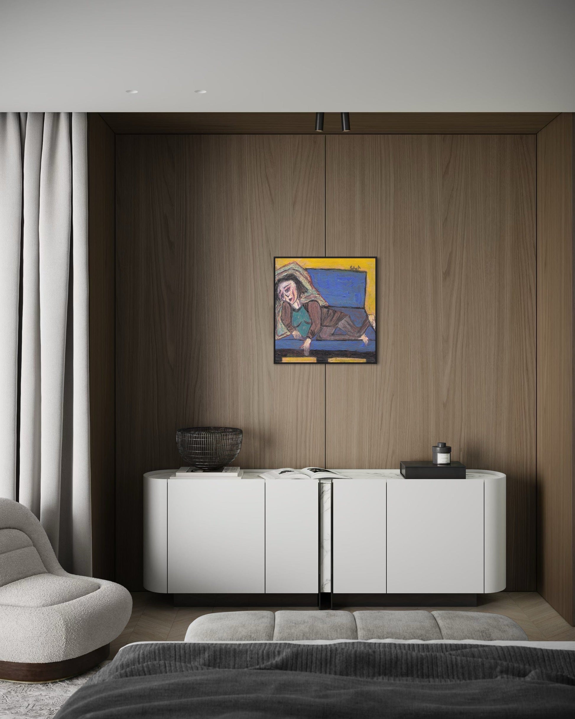 Modern living room with a white cabinet, gray sofa, and wall art.