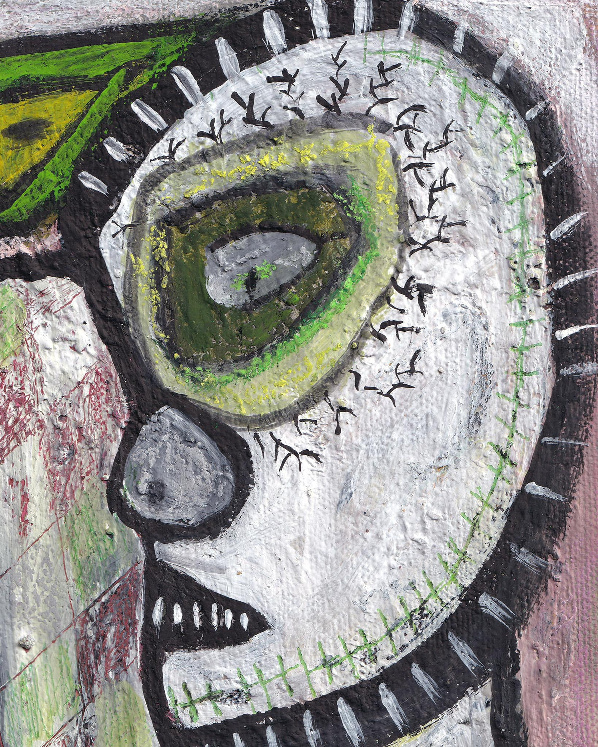 Abstract artwork with a stylized face featuring green, gray, and black colors.