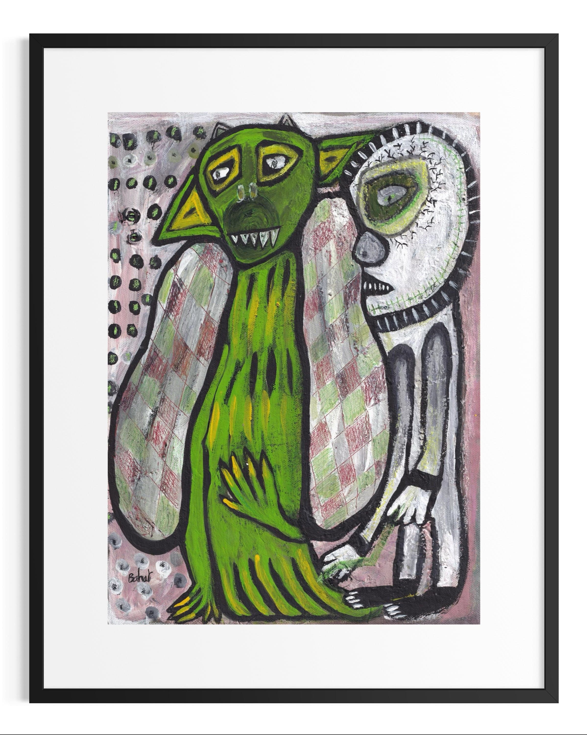 Framed artwork of a green creature with checkered pattern on a white background