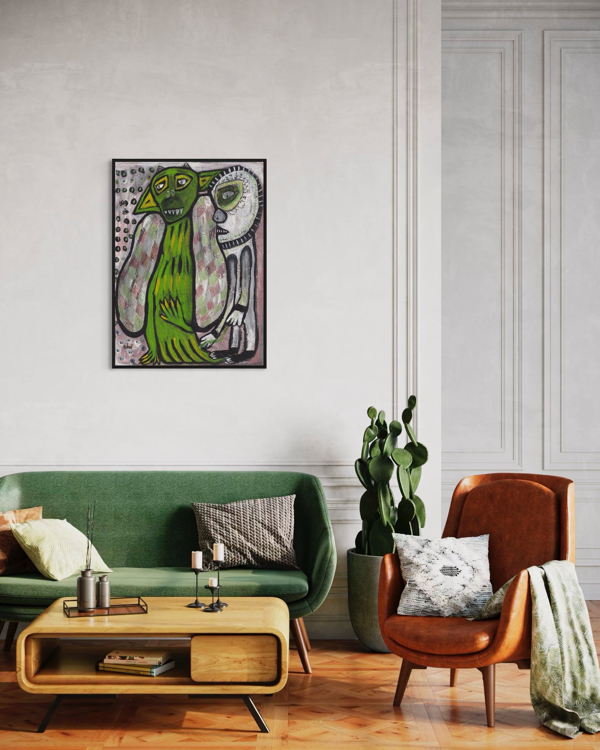 Living room with a green sofa, brown armchair, and abstract painting on the wall.