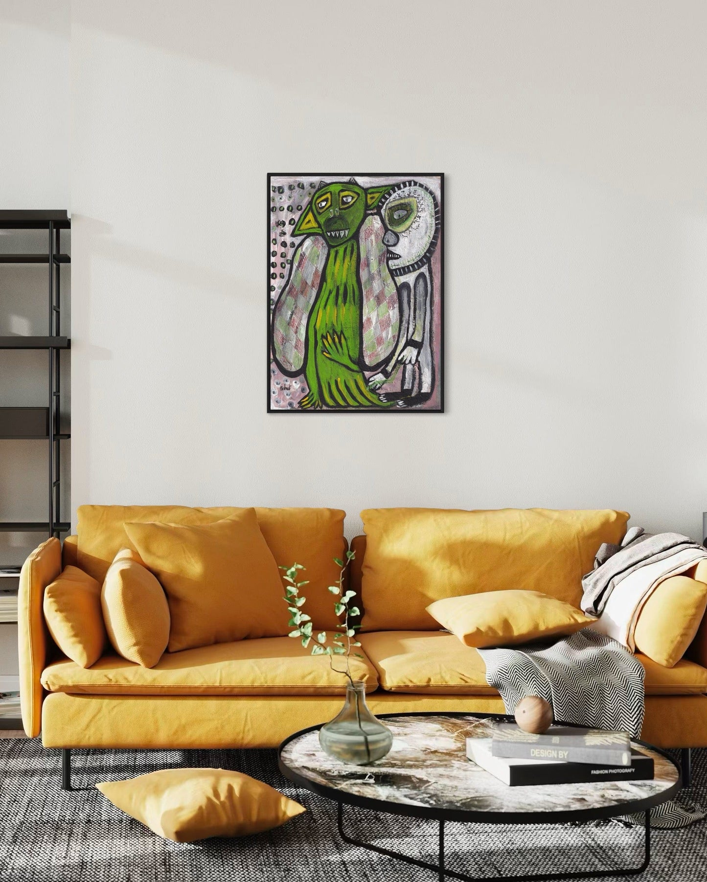 Living room with yellow sofa, decorative pillows, and a colorful abstract painting on the wall.
