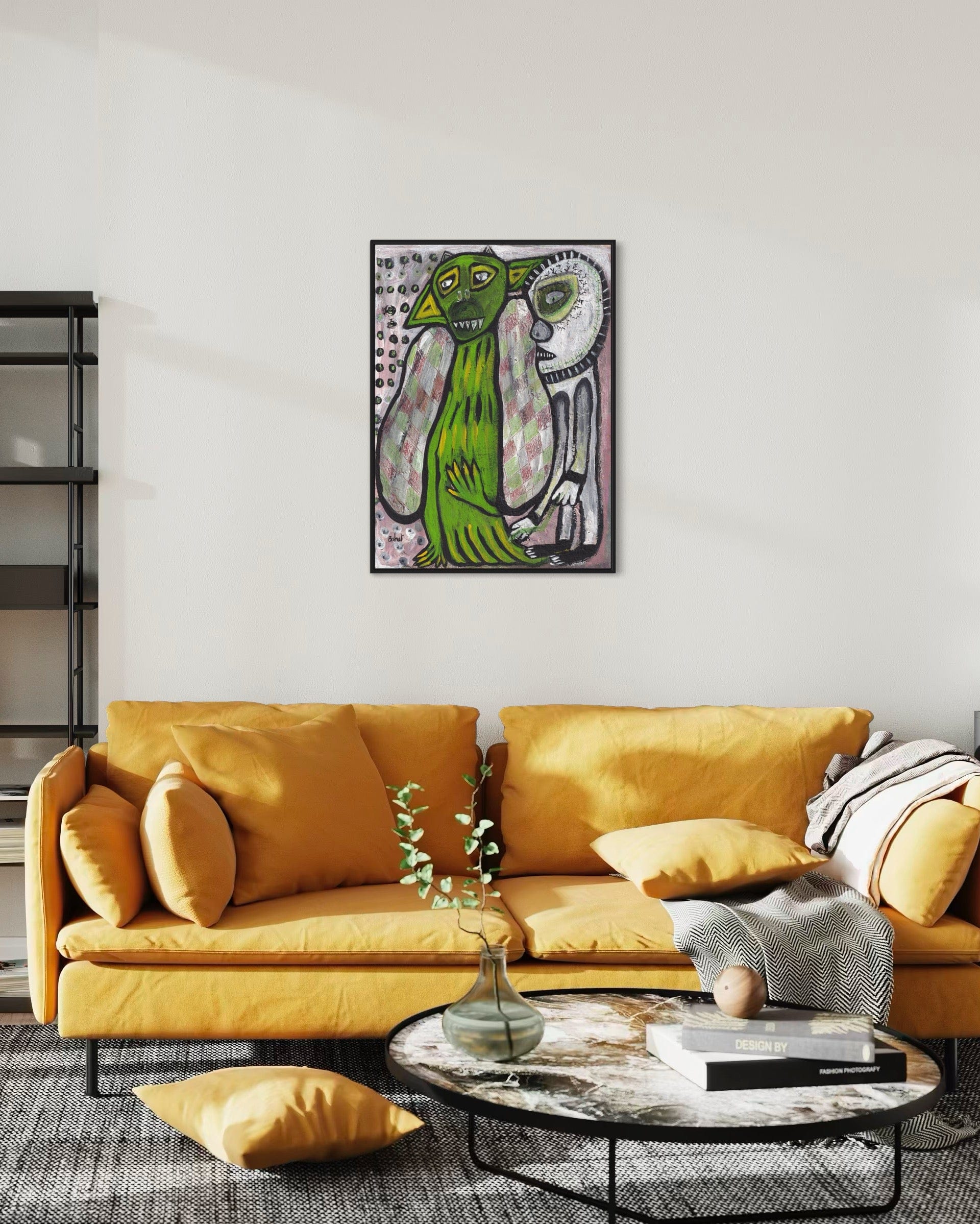 Living room with yellow sofa, decorative pillows, and a colorful abstract painting on the wall.