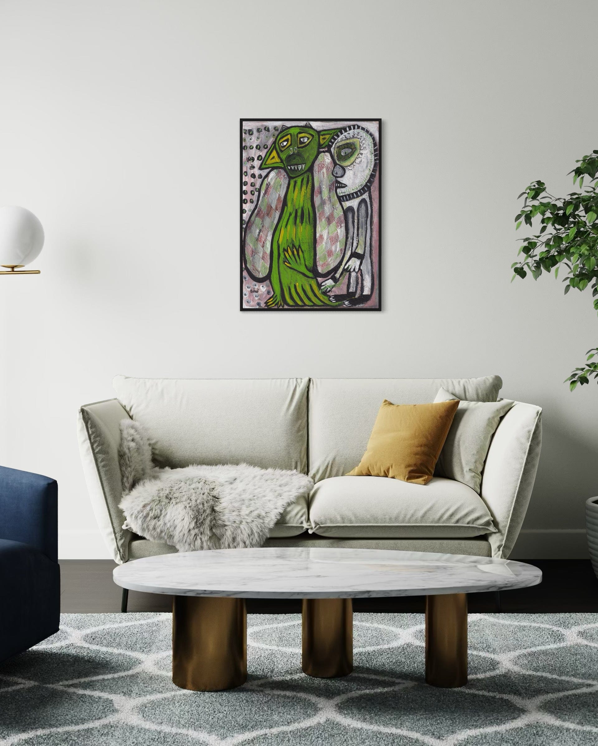 Living room with a gray sofa, marble coffee table, and abstract painting of a green bird.