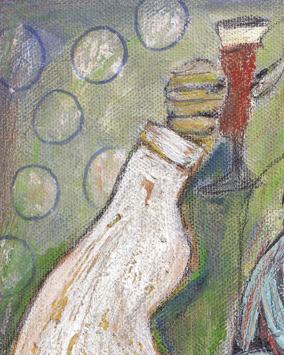Abstract artwork with a bottle and books on a textured background