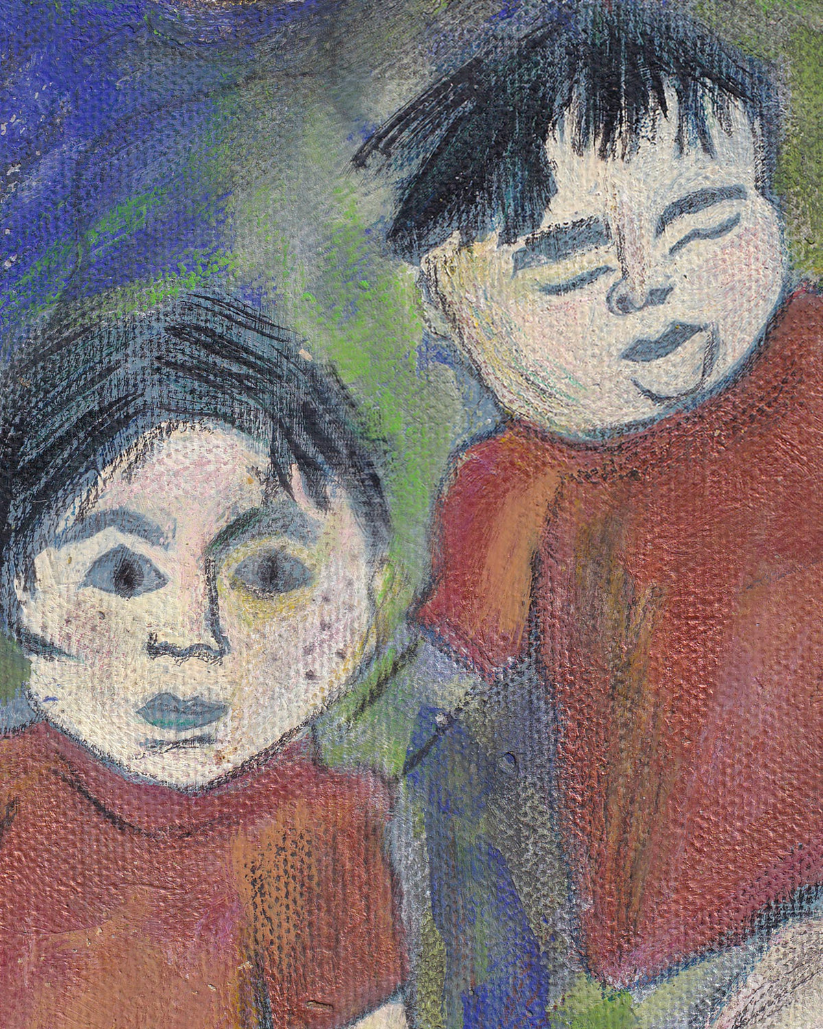 Two children in red shirts against a colorful background