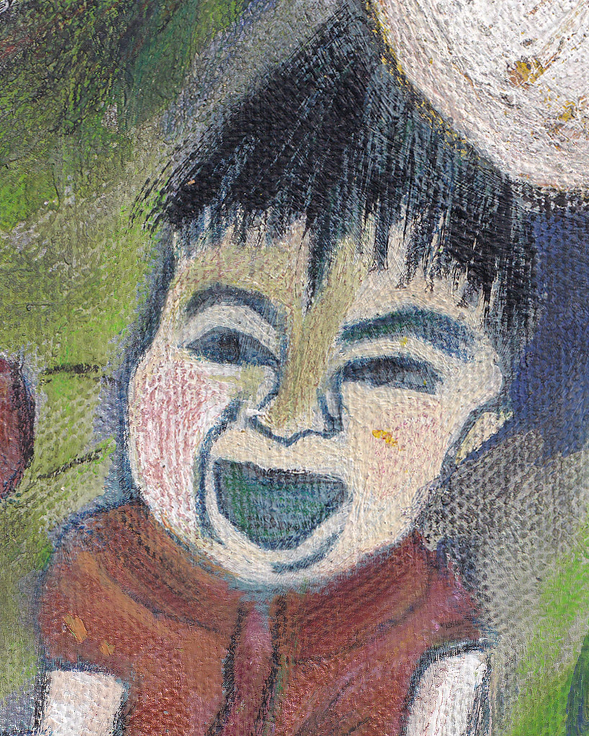 Close-up of a stylized painting of a child with a joyful expression.