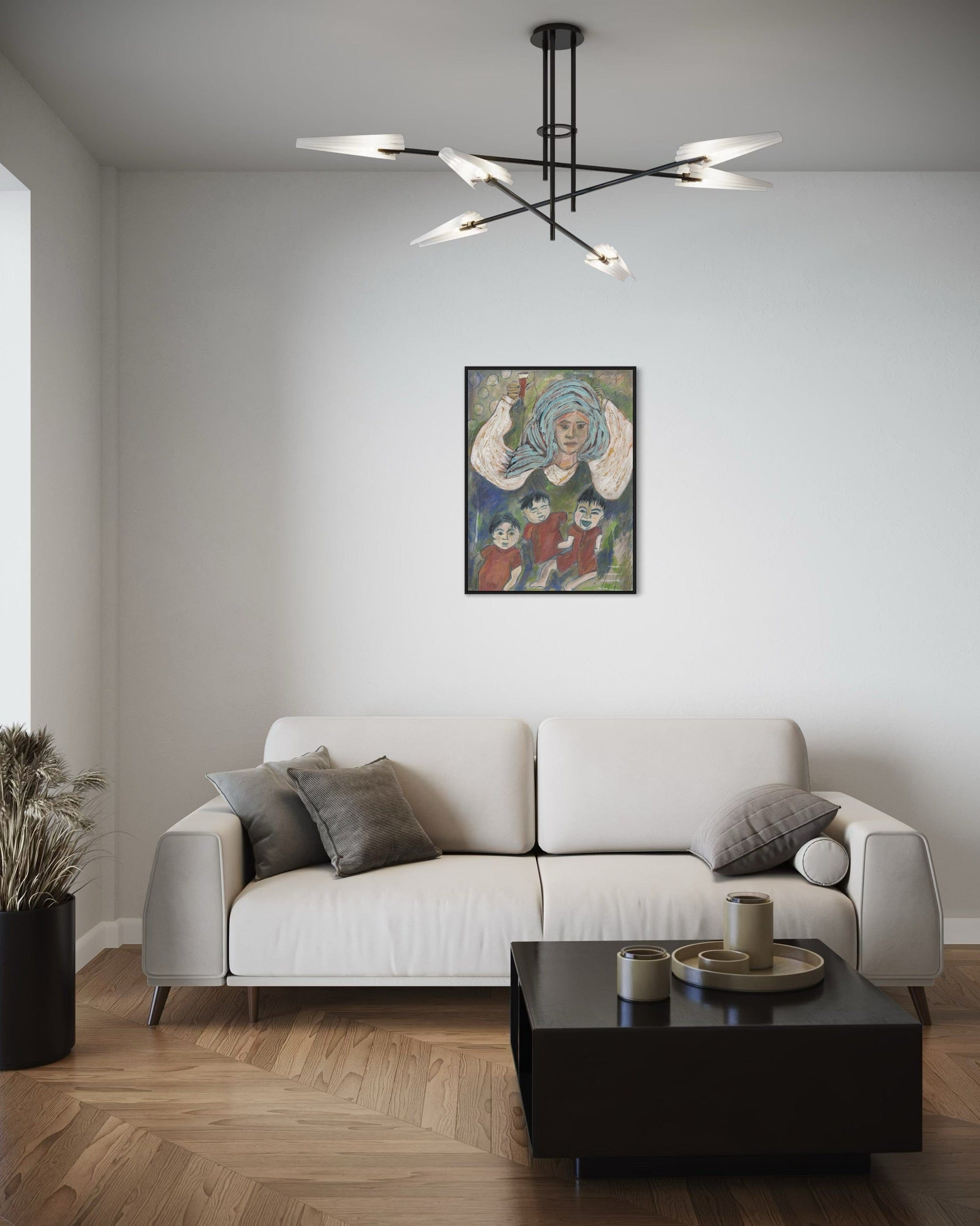 Modern living room with a white sofa, black coffee table, and abstract painting on the wall.
