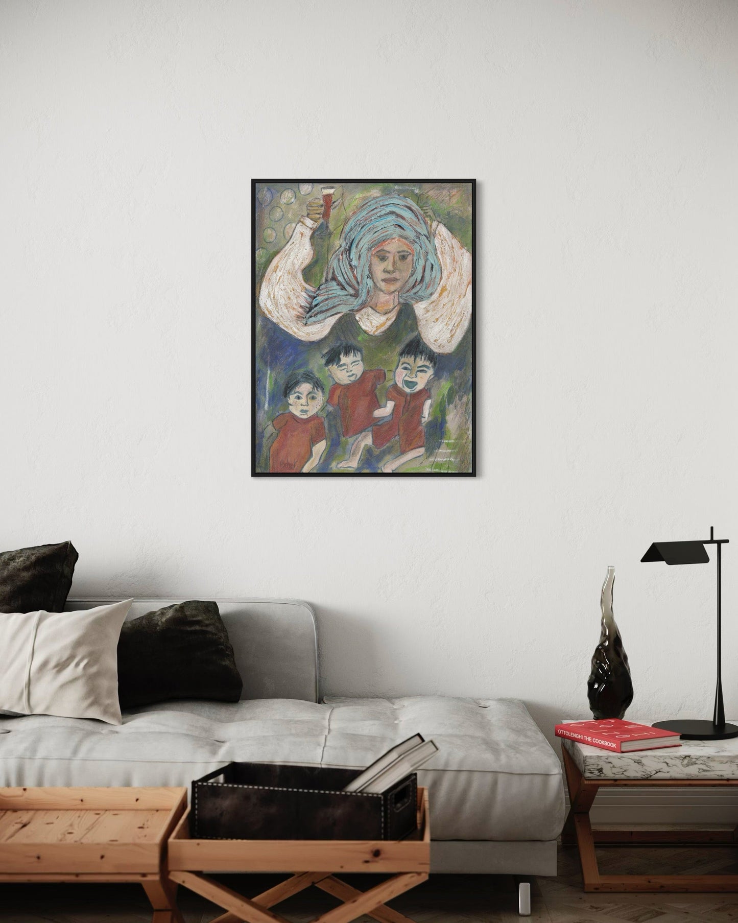 Framed artwork above a sofa in a living room