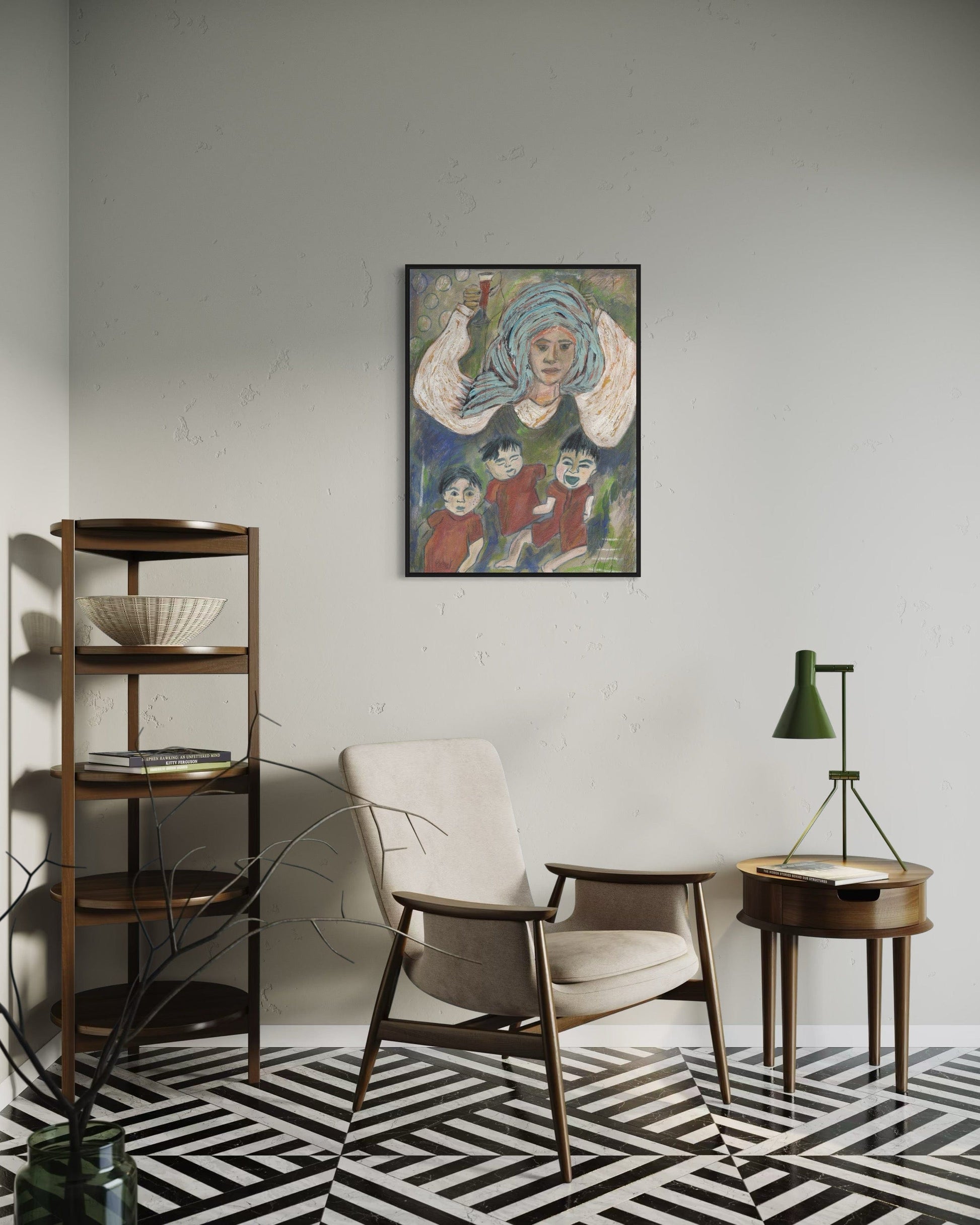 Modern interior with a chair, side table, and wall art in a room with geometric floor pattern.