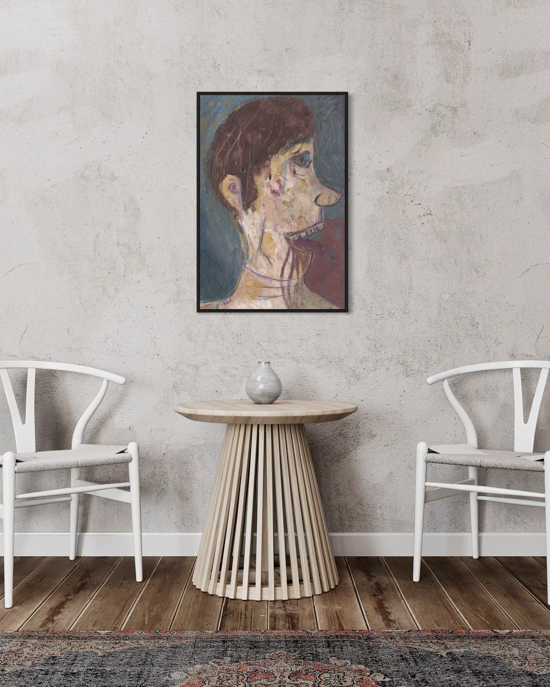 Framed artwork on a wall above a wooden side table with two white chairs.