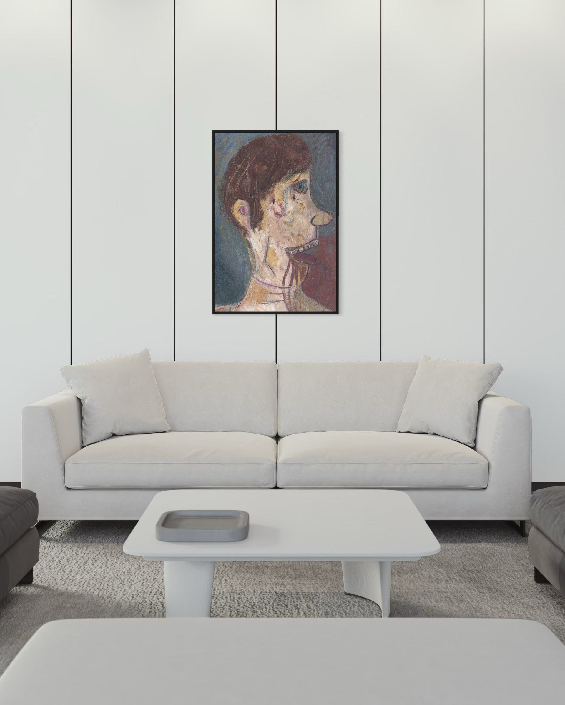 Modern living room with a gray sofa and abstract painting on the wall.