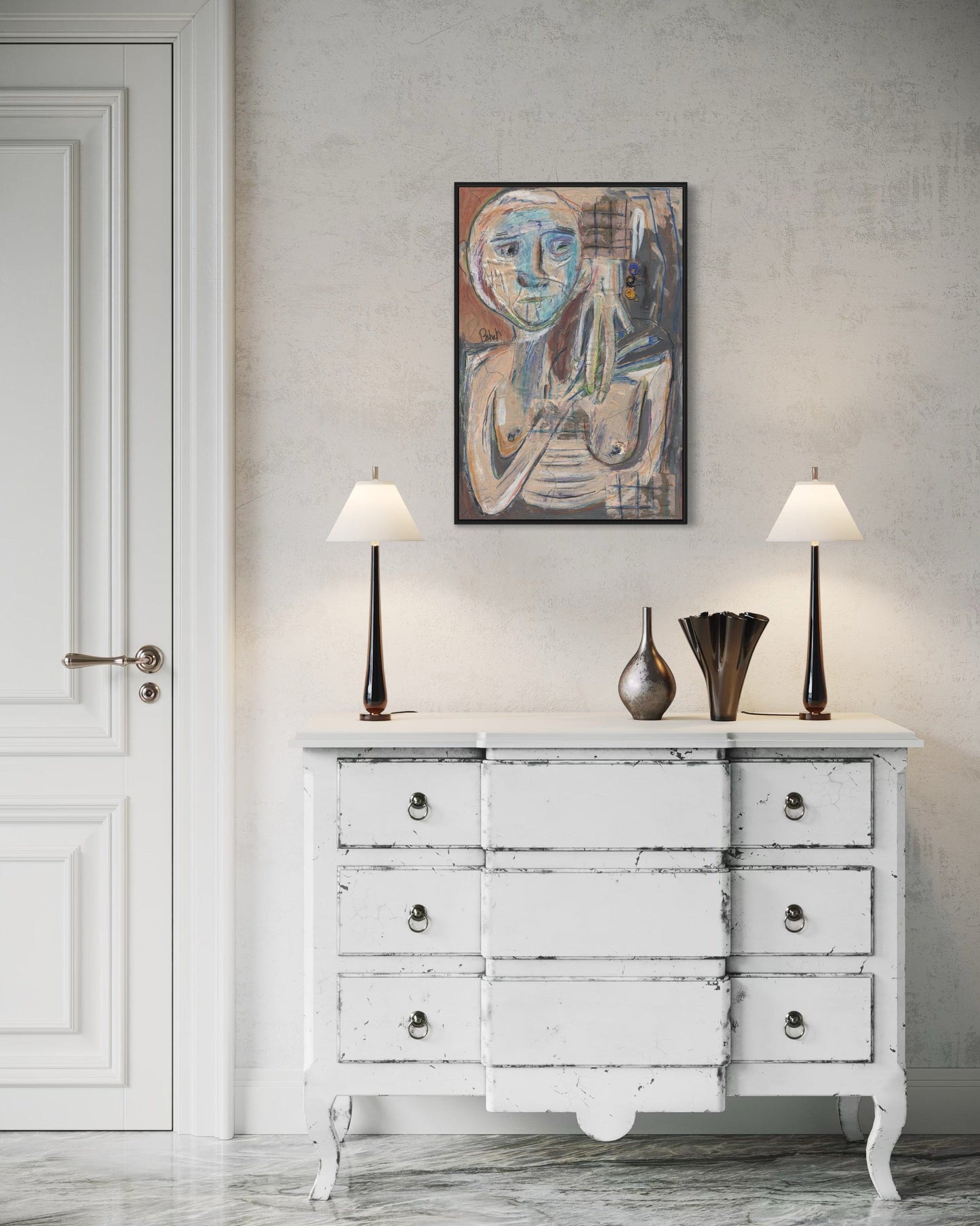 White distressed dresser with two lamps and a painting on a gray wall.