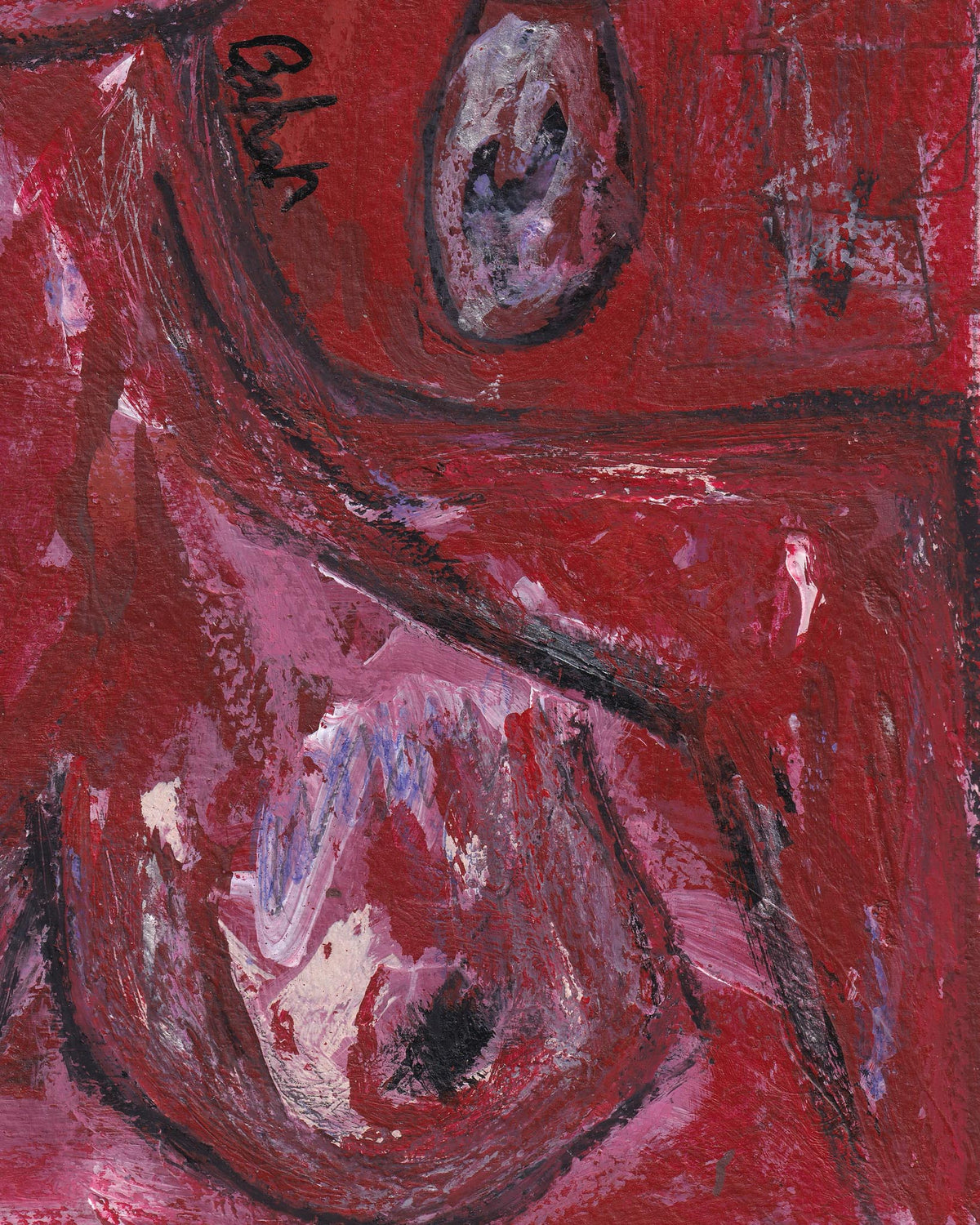 Abstract painting with red and brown tones on a textured surface