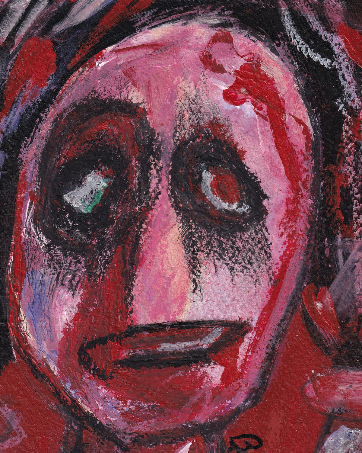 Abstract painting of a face with exaggerated features on a red background