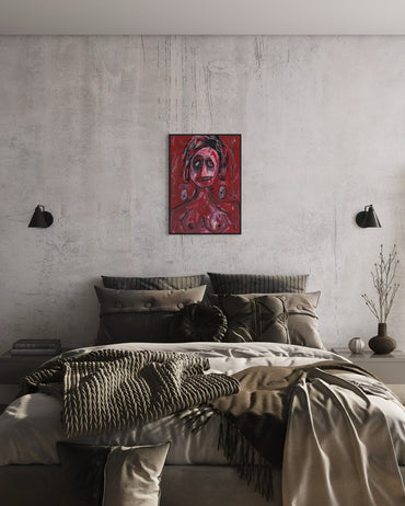 Modern bedroom with a bed, decorative pillows, and a red abstract painting on the wall.