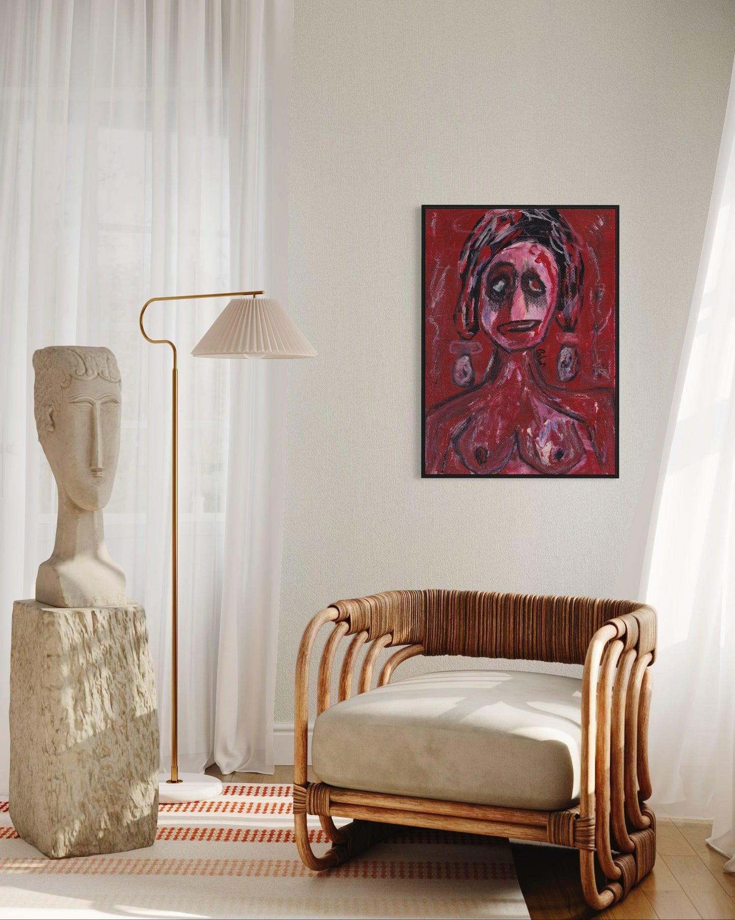 Modern interior with a wicker chair, abstract painting, and sculpture.