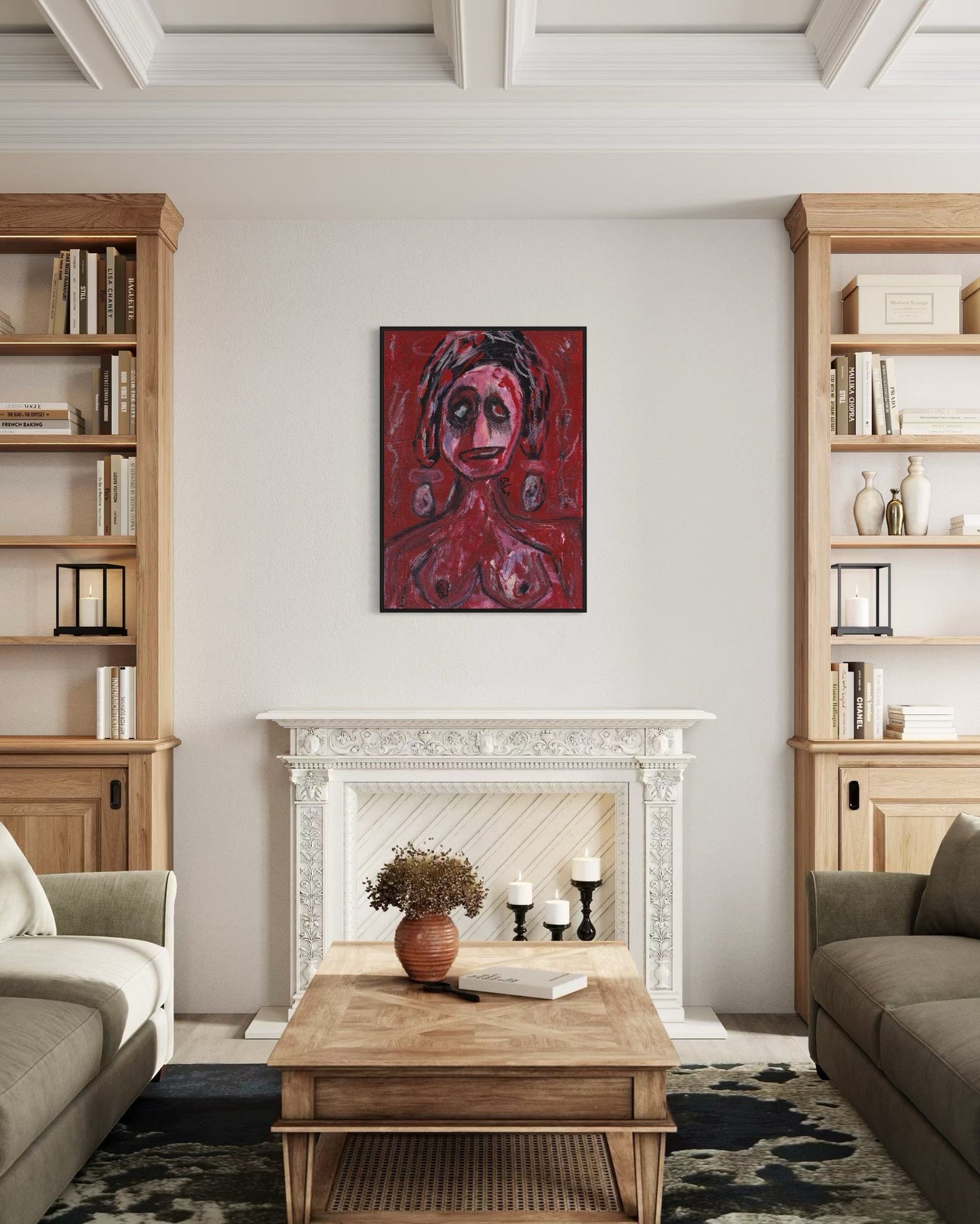 Living room with wooden bookshelves, a fireplace, and a painting on the wall.