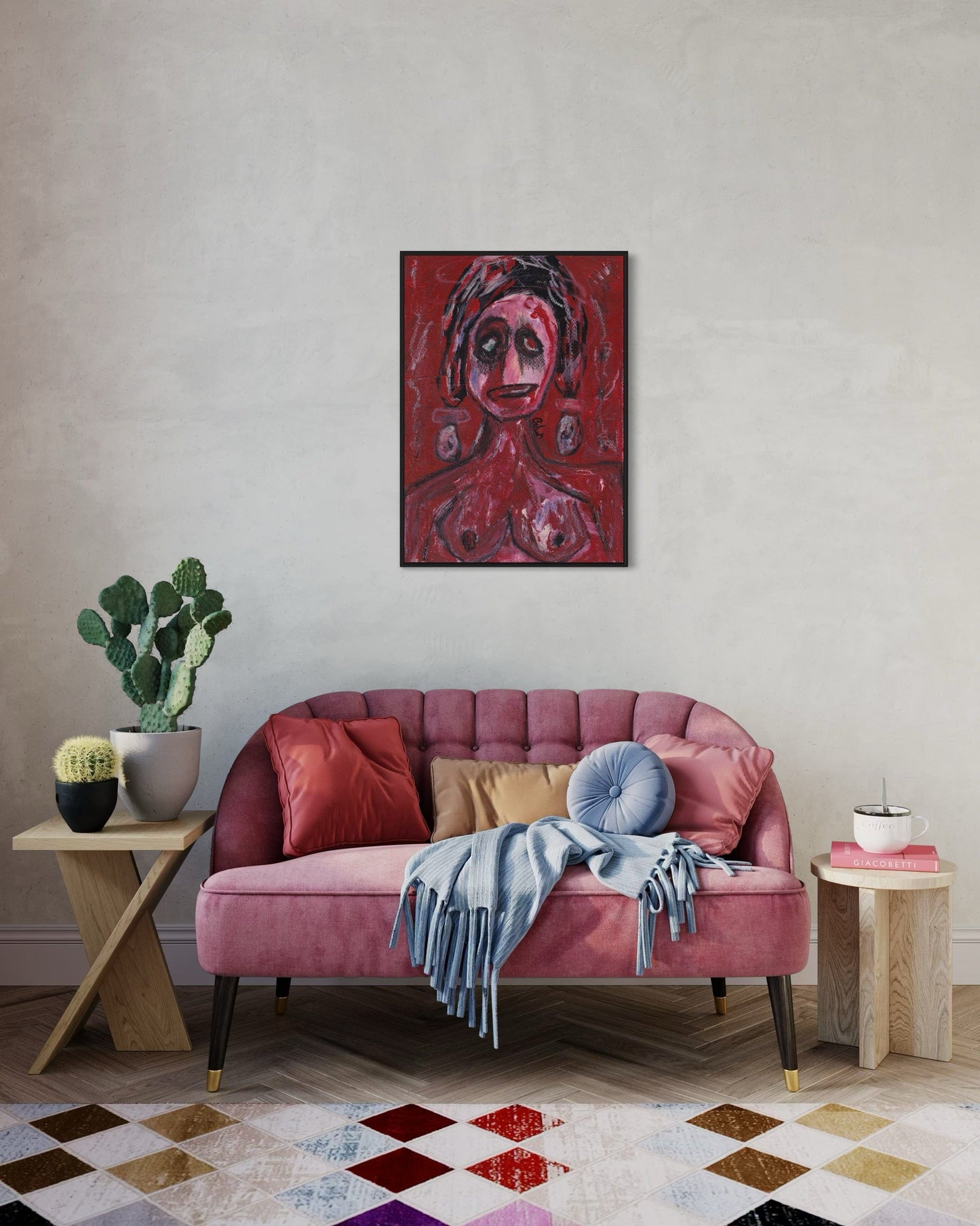Living room with a pink sofa, colorful rug, and abstract painting on the wall.
