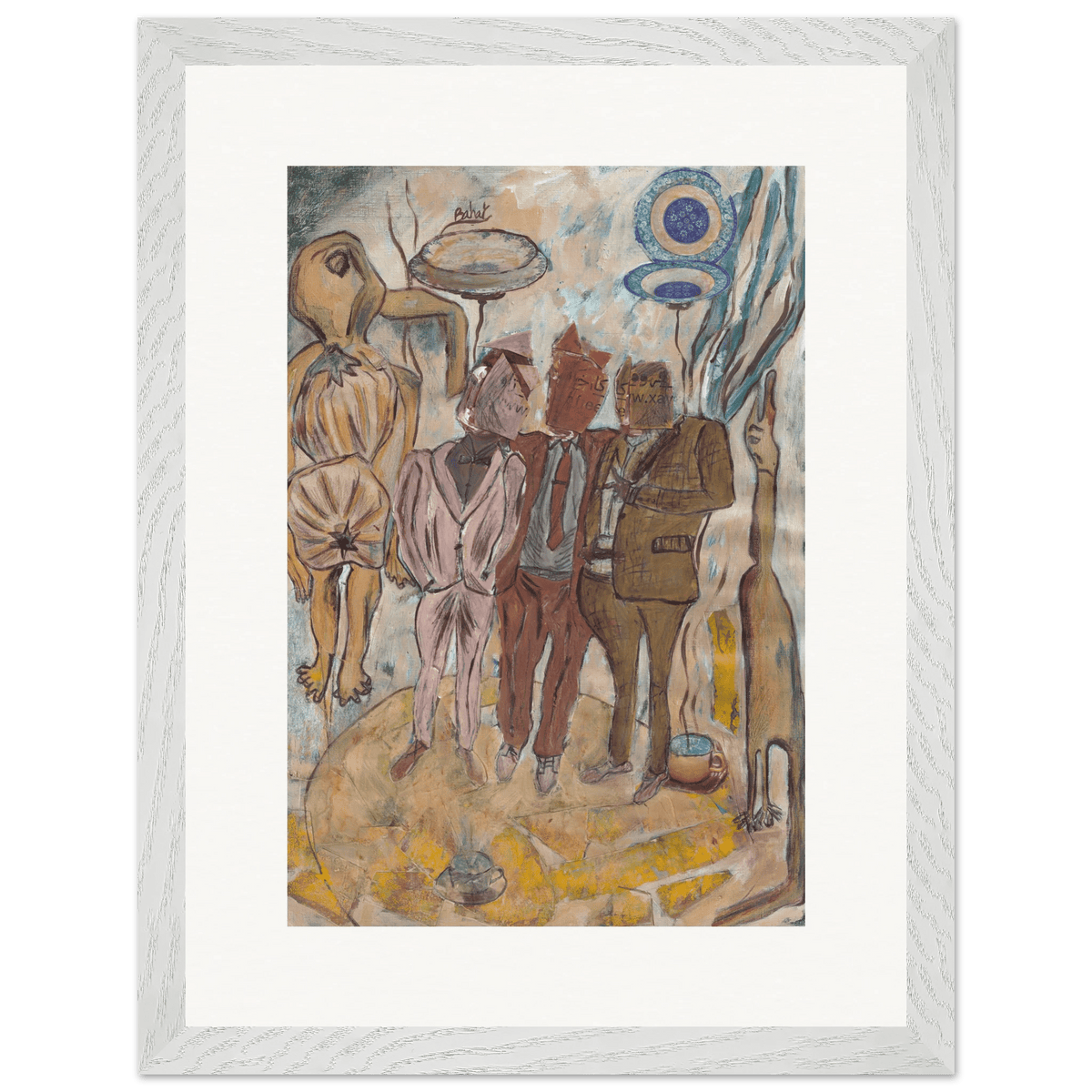 Framed artwork of a group of people with abstract elements on a white background