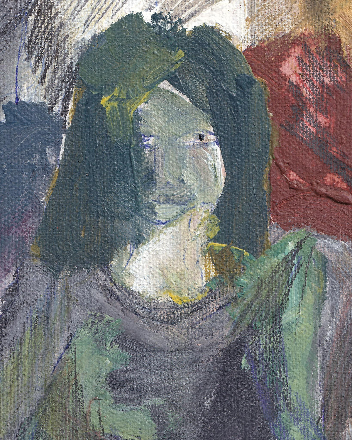 Artistic depiction of a person with long dark hair and a green garment, with abstract elements in the background.