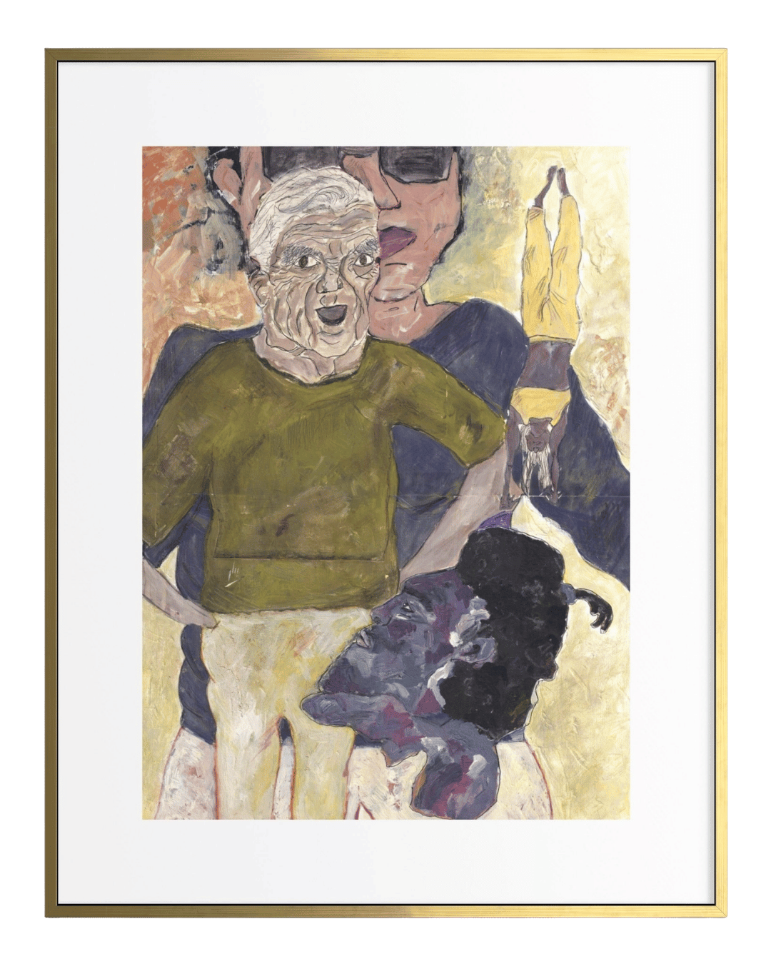 Framed artwork of a stylized portrait with abstract elements