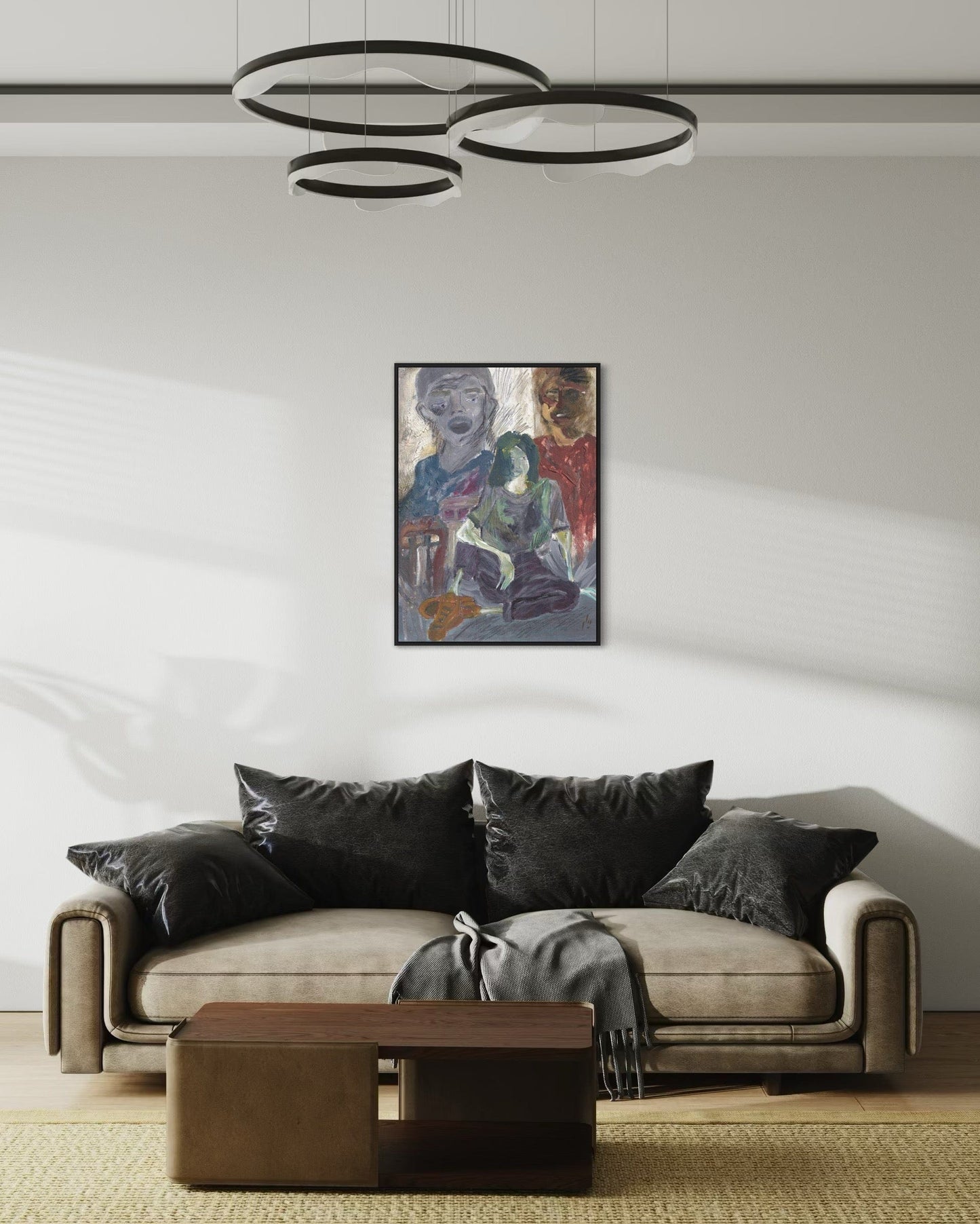 Modern living room with a sofa, coffee table, and abstract painting on the wall.