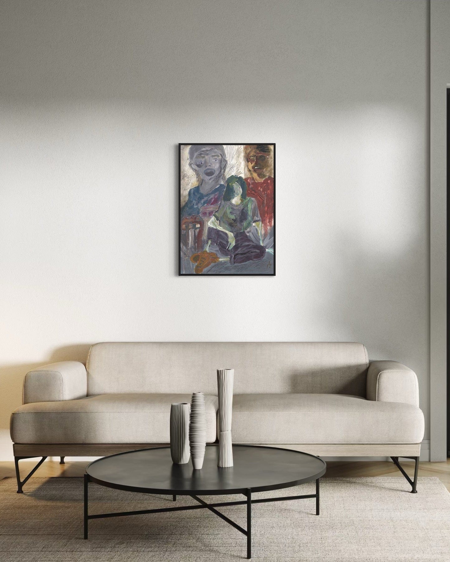 Modern living room with a beige sofa, round coffee table, and abstract painting on the wall.