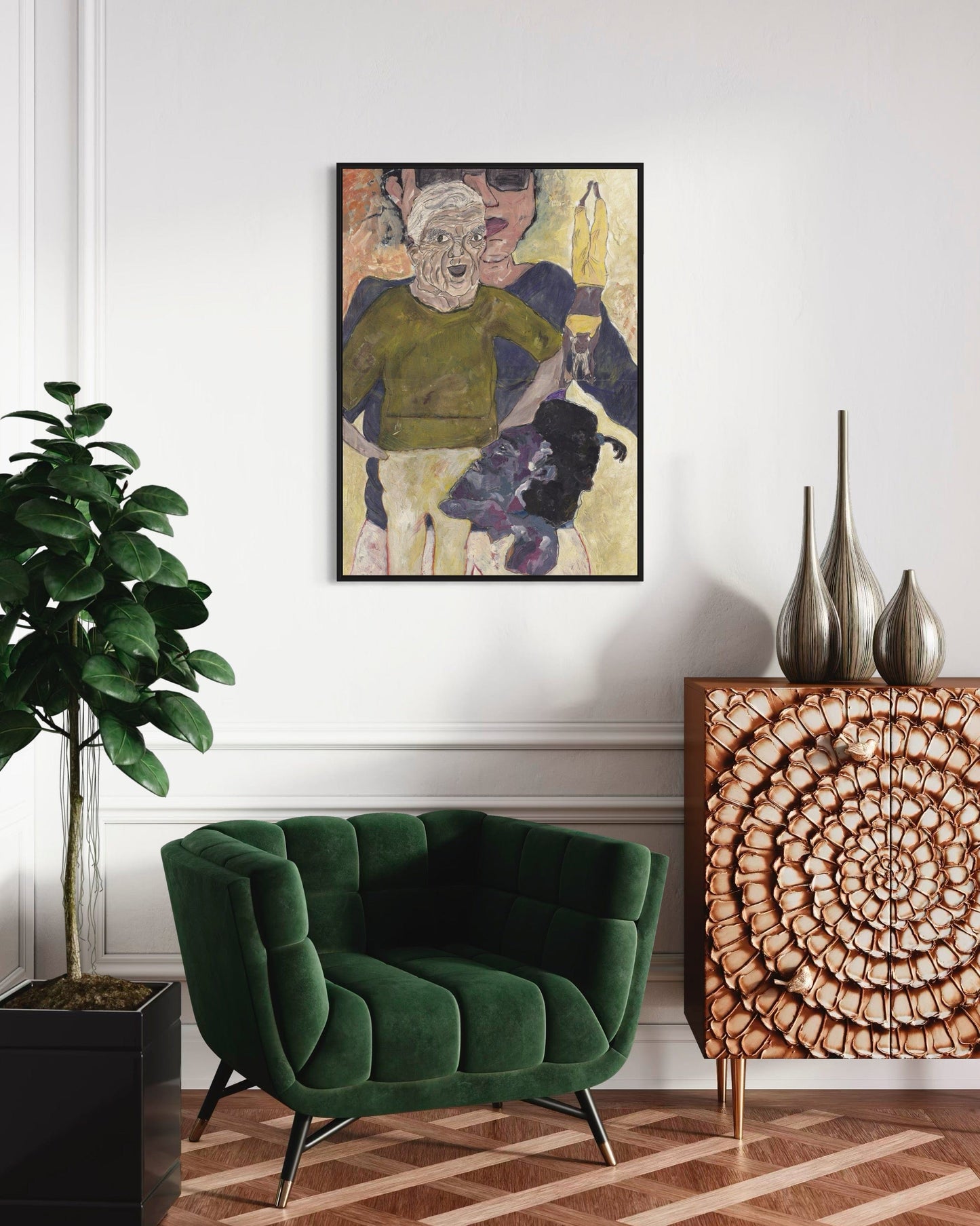 Modern living room with green armchair, decorative cabinet, and framed artwork.