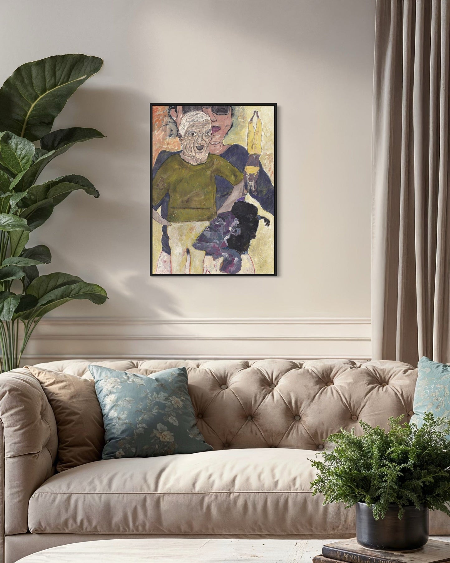 Framed abstract painting on a wall above a beige sofa with decorative pillows and plants.