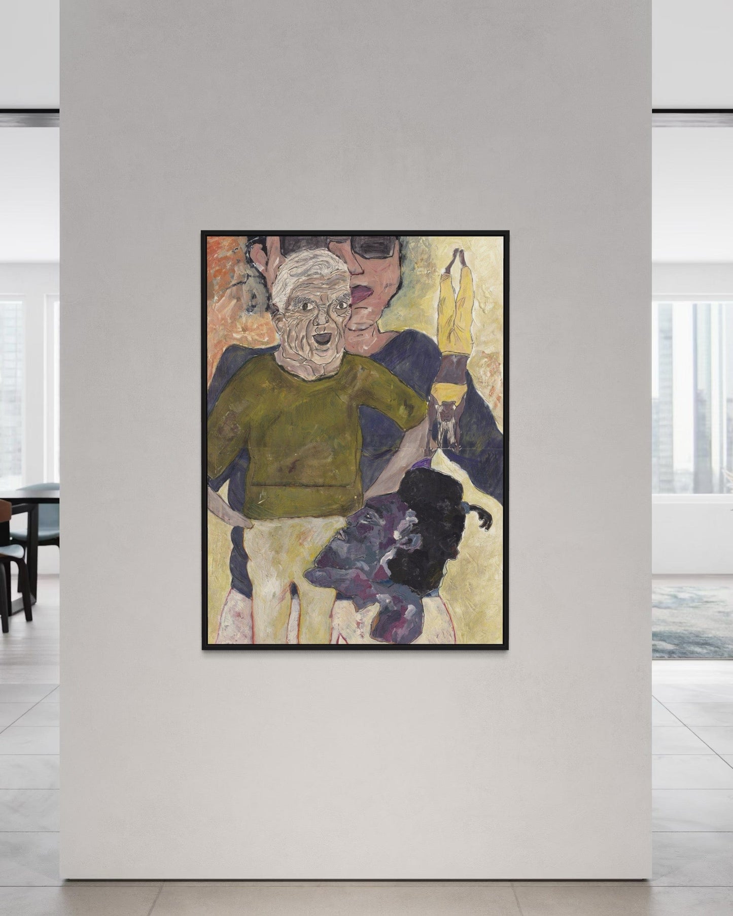 Framed artwork of a stylized portrait on a white wall