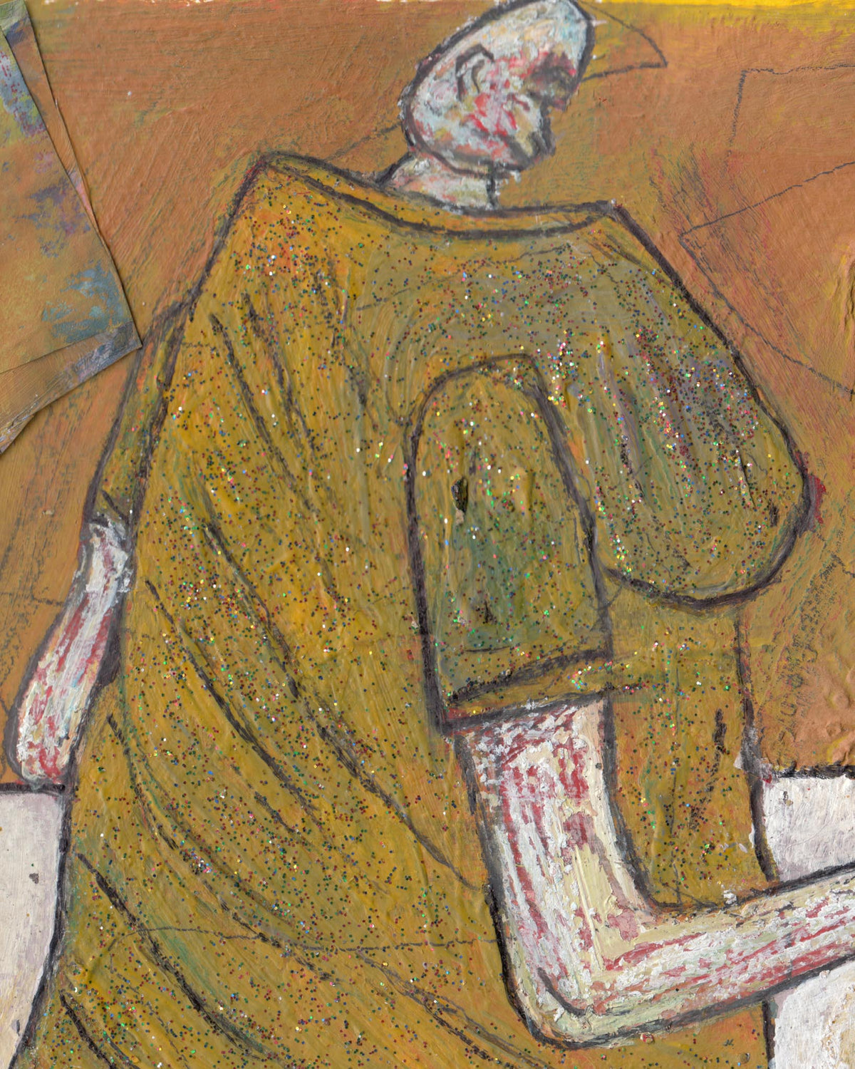 Abstract artwork with a figure in a yellow garment on a textured background