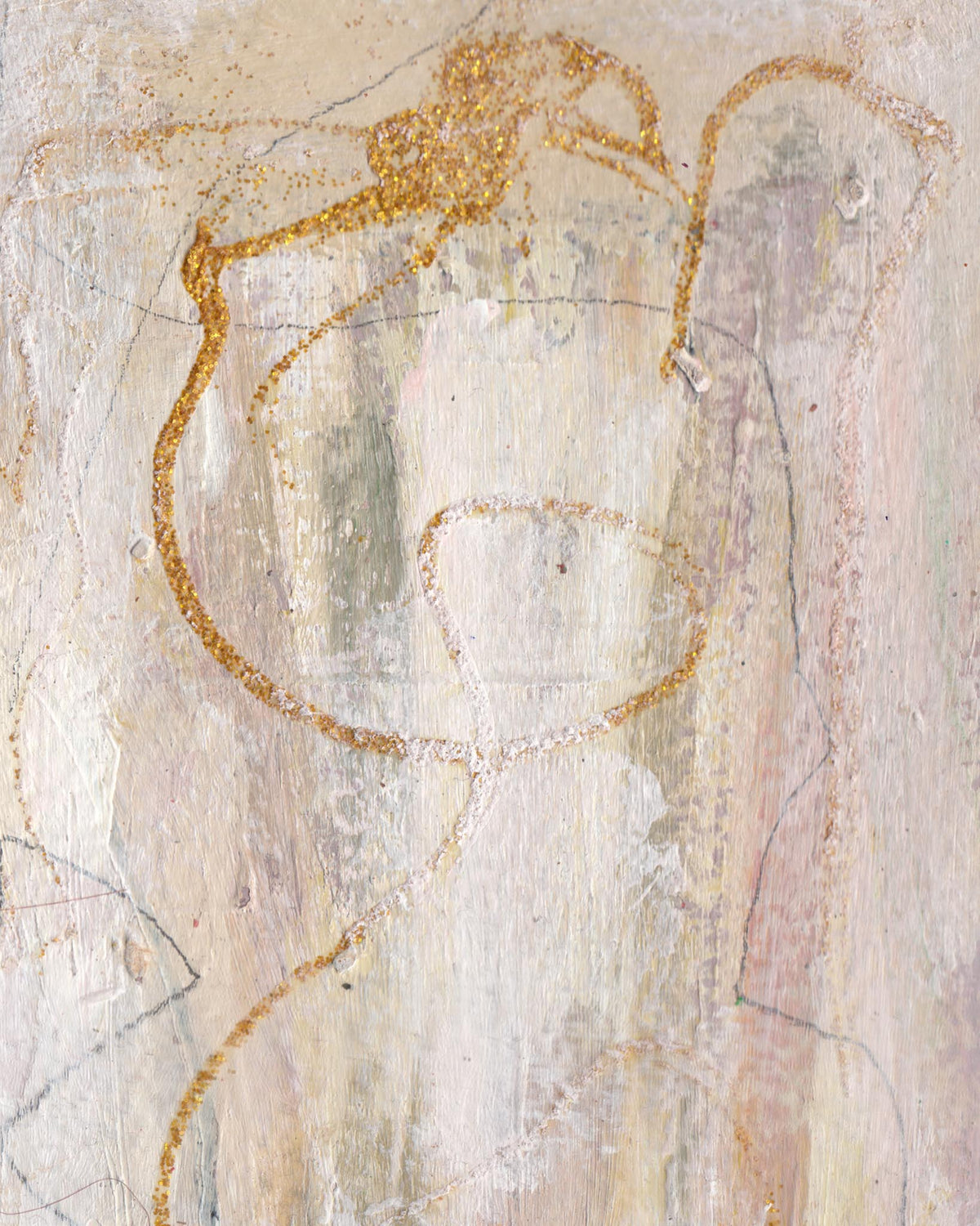 Abstract artwork with gold line drawing on a textured beige background