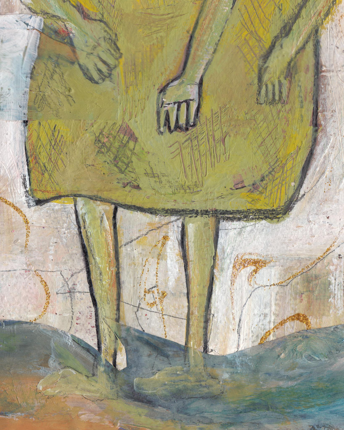 Abstract artwork with a figure in a green dress on a textured background