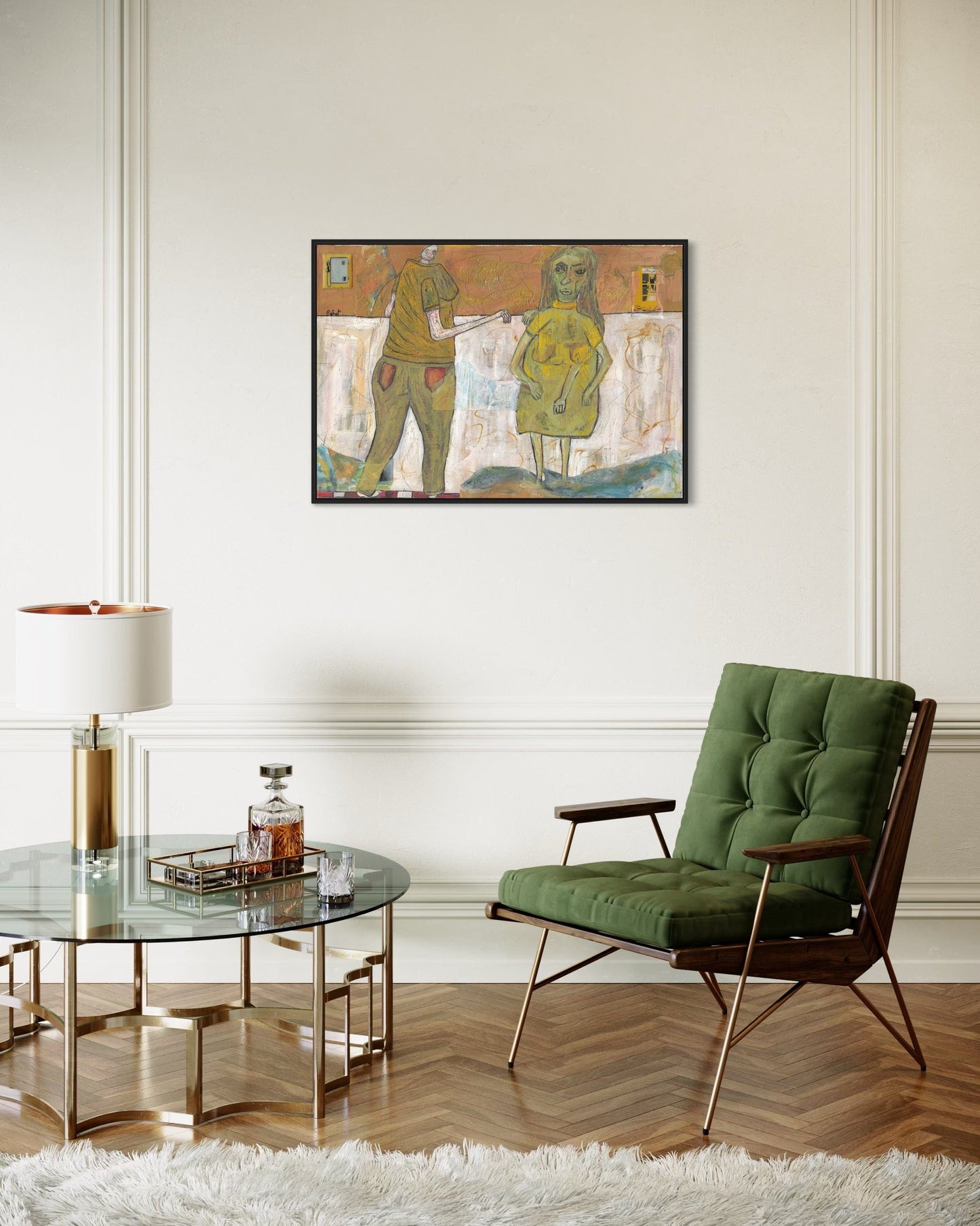 Modern living room with a green armchair, glass coffee table, and abstract painting on the wall.