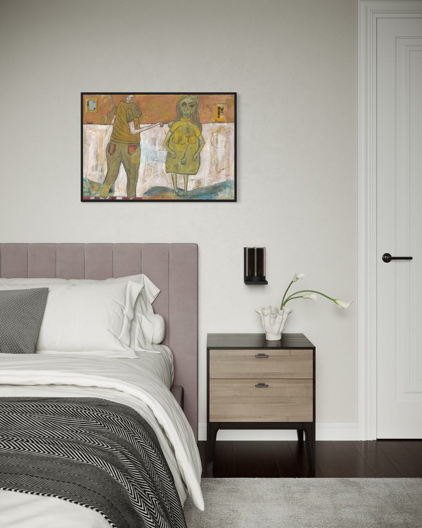 Bedroom with a bed, nightstand, and wall art on a light gray wall.