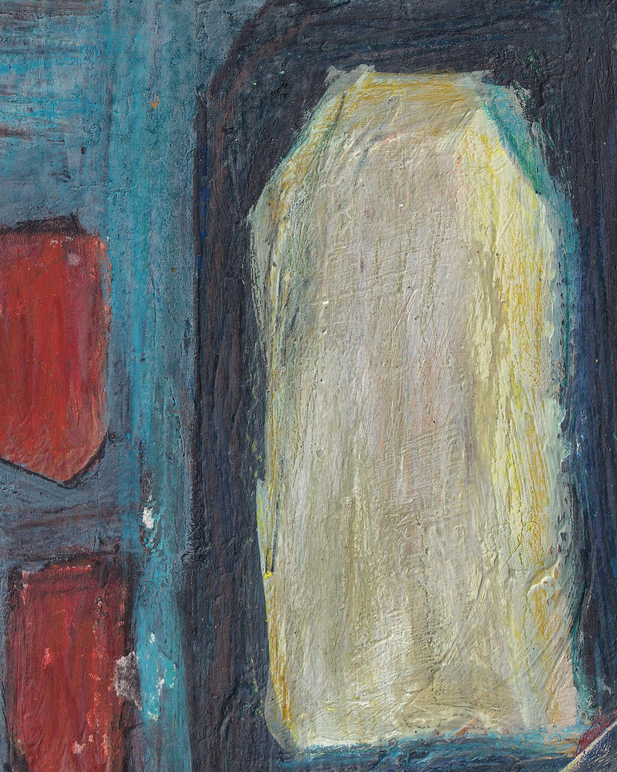 Abstract painting with a bright light source and colorful blocks.