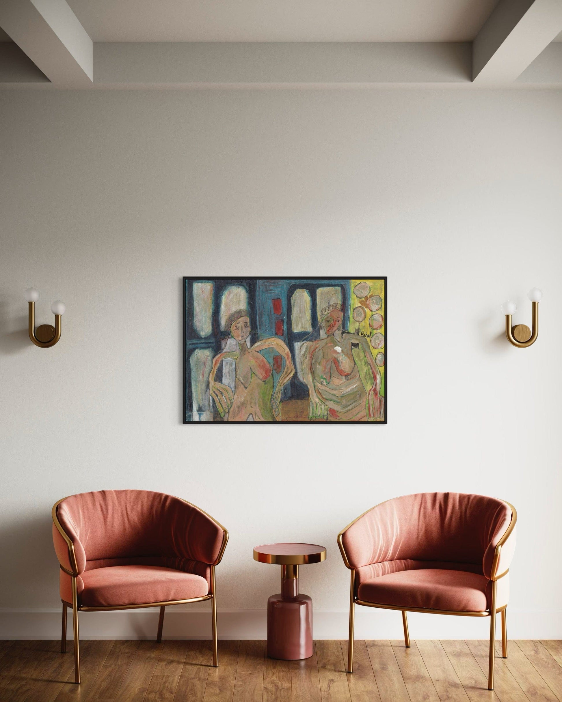 Two pink chairs with gold frames in a room with a colorful painting on the wall.