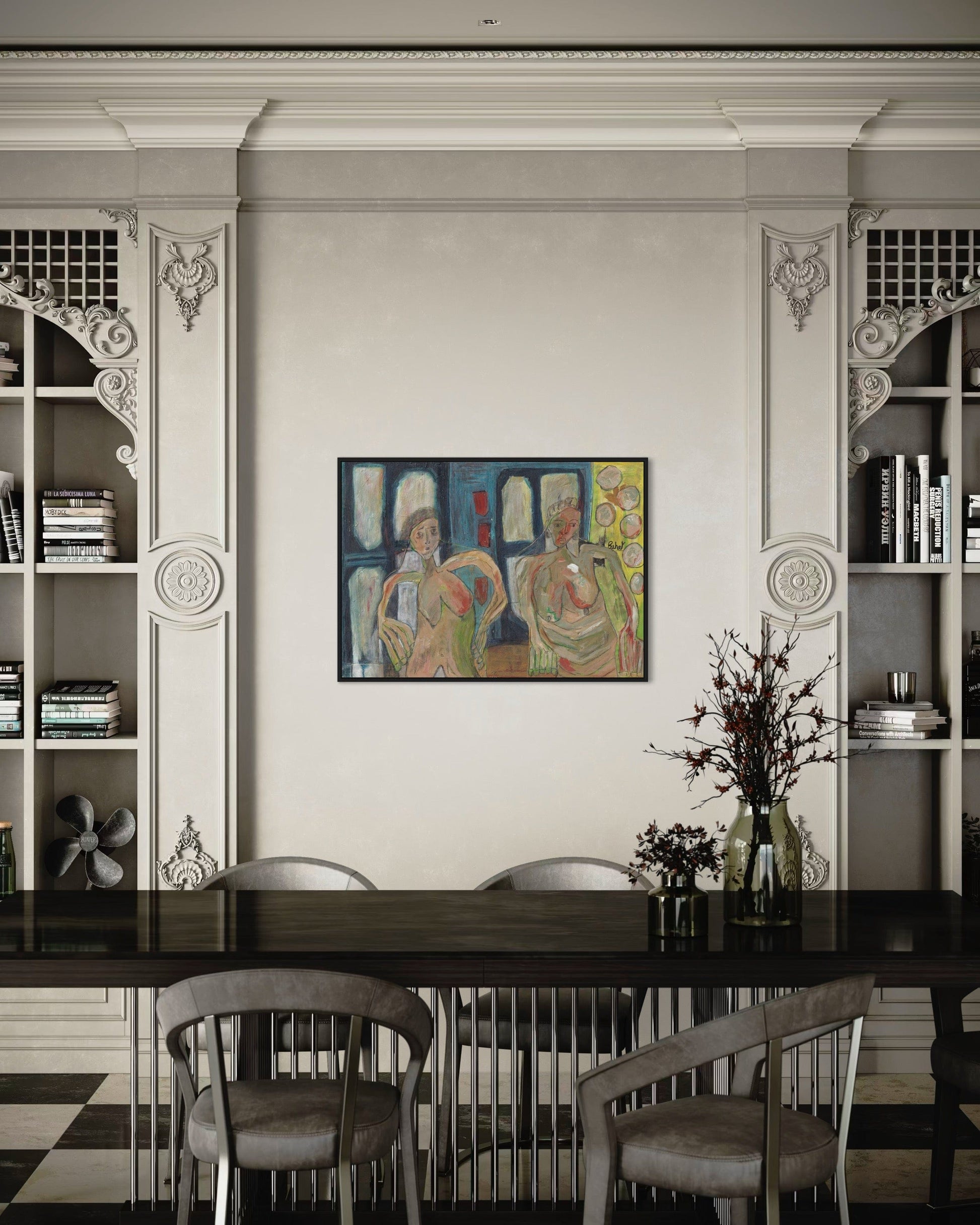 Dining room with a large painting on the wall, wooden table, and chairs.
