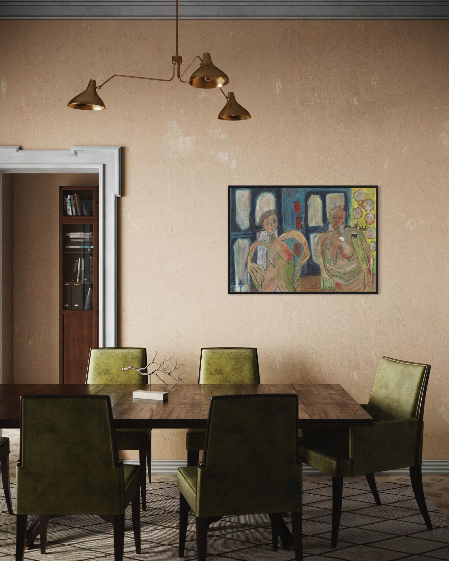 Dining room with wooden table and green chairs, framed artwork on the wall.