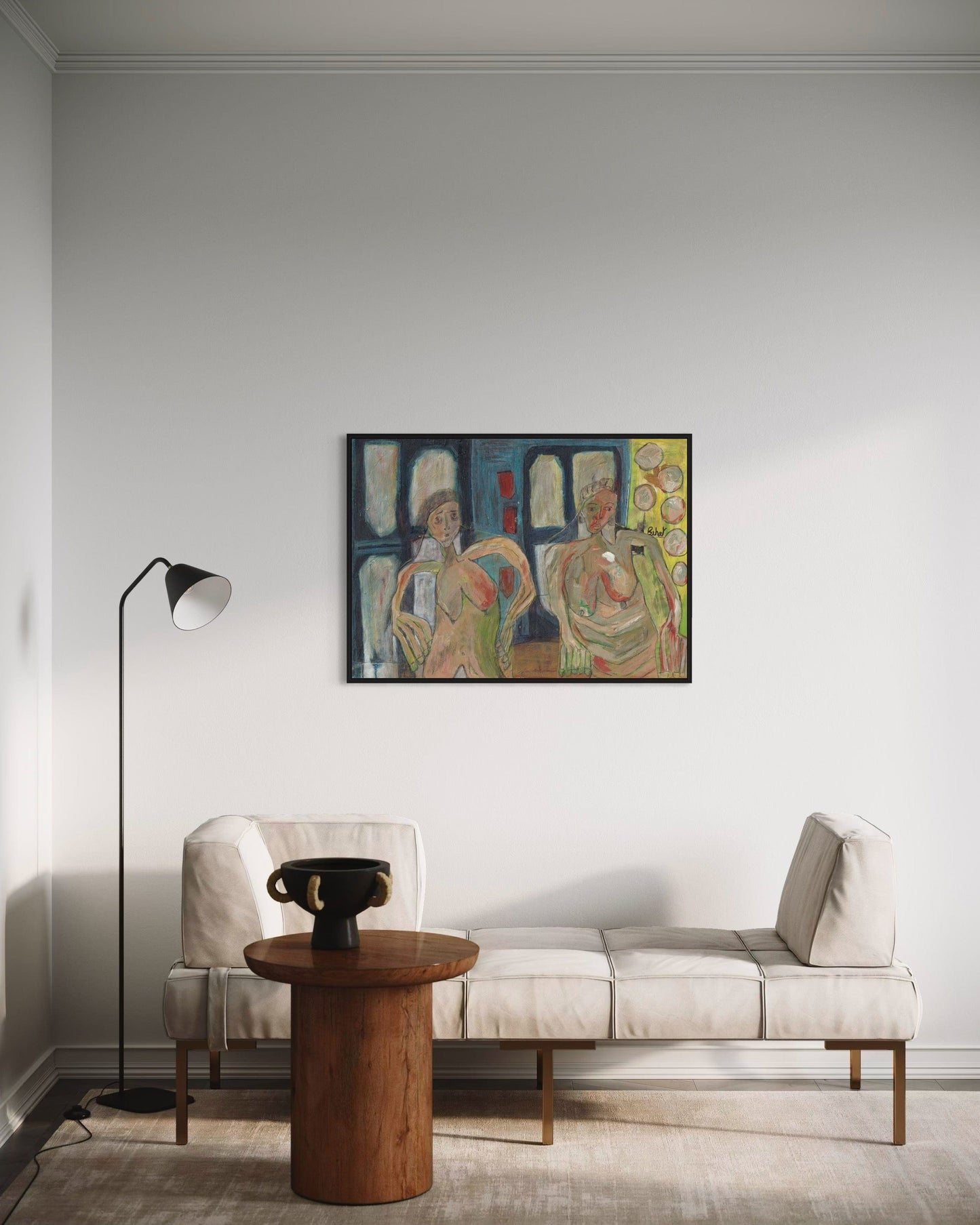 Modern living room with a sofa, table, and abstract painting on the wall.