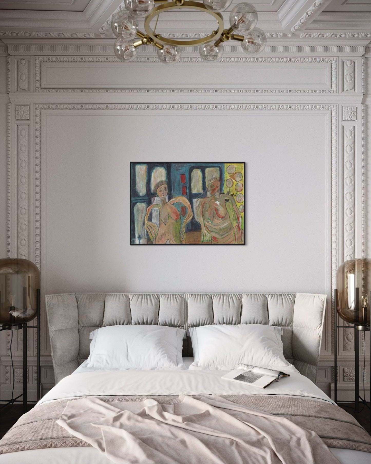 Neatly made bed in a bedroom with decorative wall art and lighting.