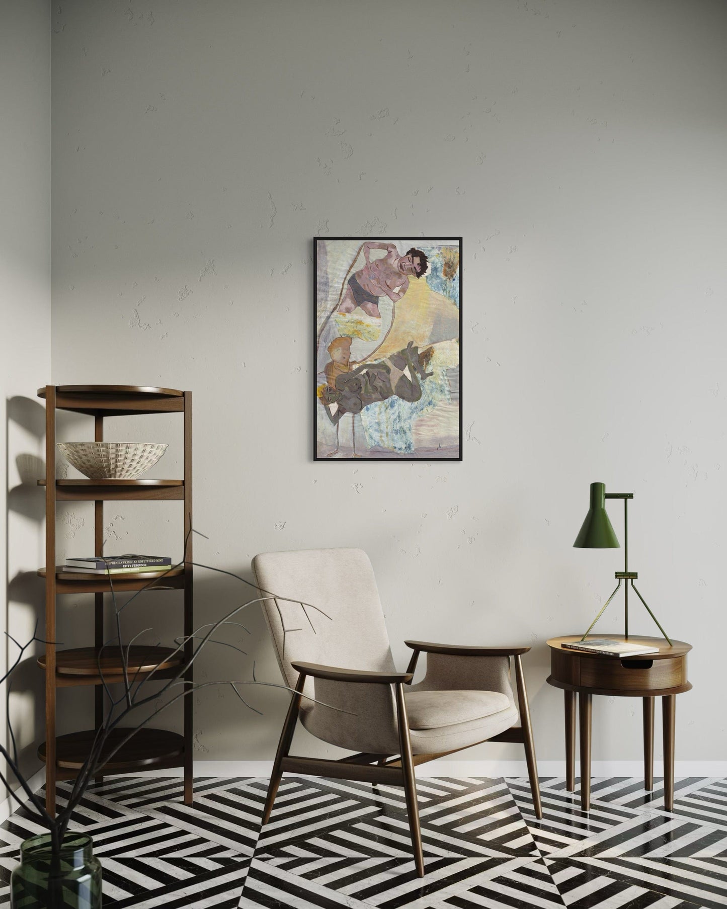 Modern interior with a chair, side table, and wall art in a room with geometric floor pattern.