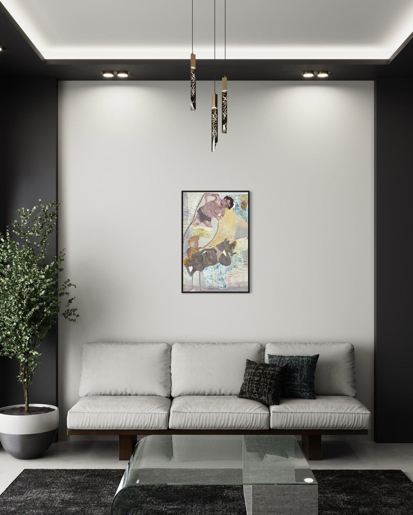 Modern living room with a gray sofa, glass coffee table, and wall art.
