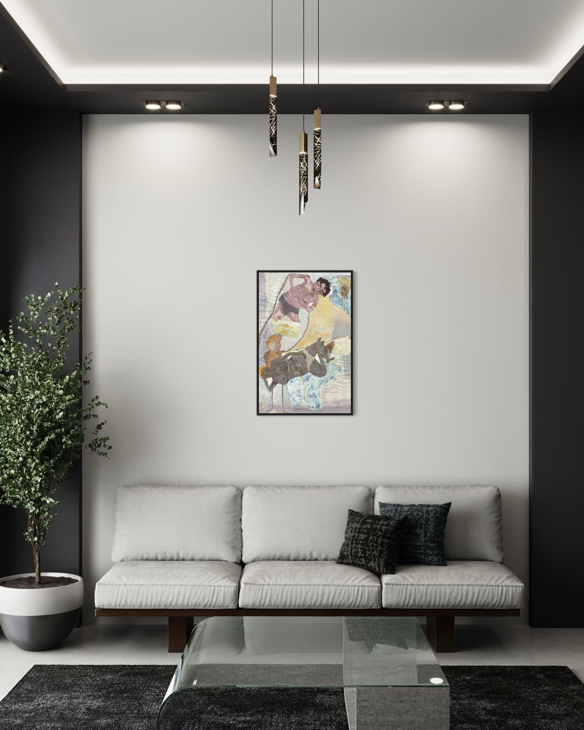 Modern living room with a gray sofa, glass coffee table, and wall art.